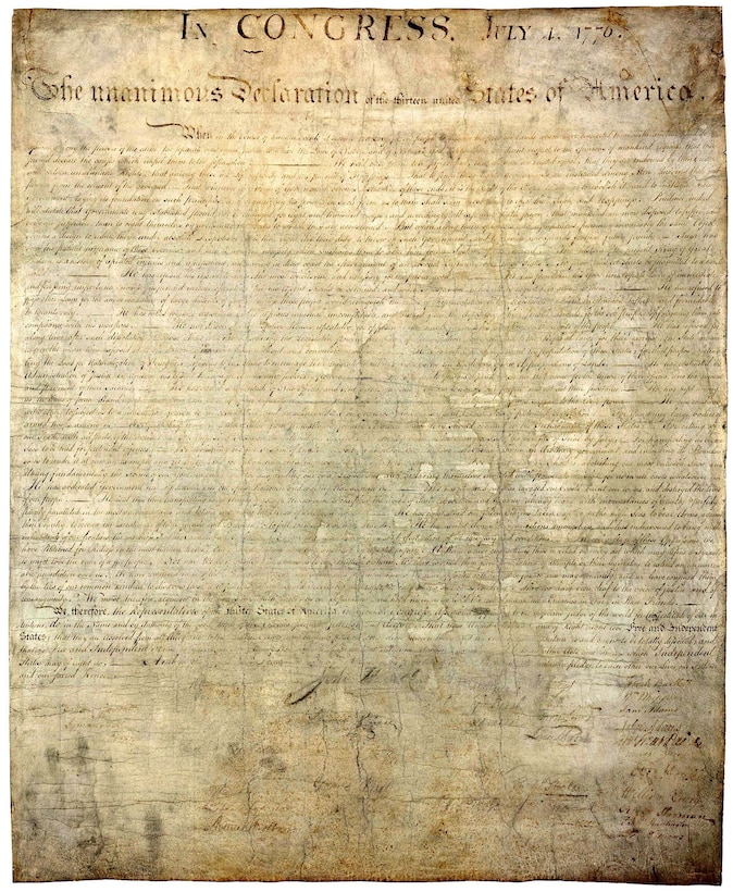 The Declaration of Independence displayed at the National Archives in Washington, D.C. The document was moved several times during the Revolutionary War and again in the War of 1812 to keep it from falling into British hands.  The Declaration was filed in Philadelphia in the Continental Congress’ secretary’s office until 1789.  The document was housed in several locations and not properly preserved until officially delivered to the National Archives in 1952.