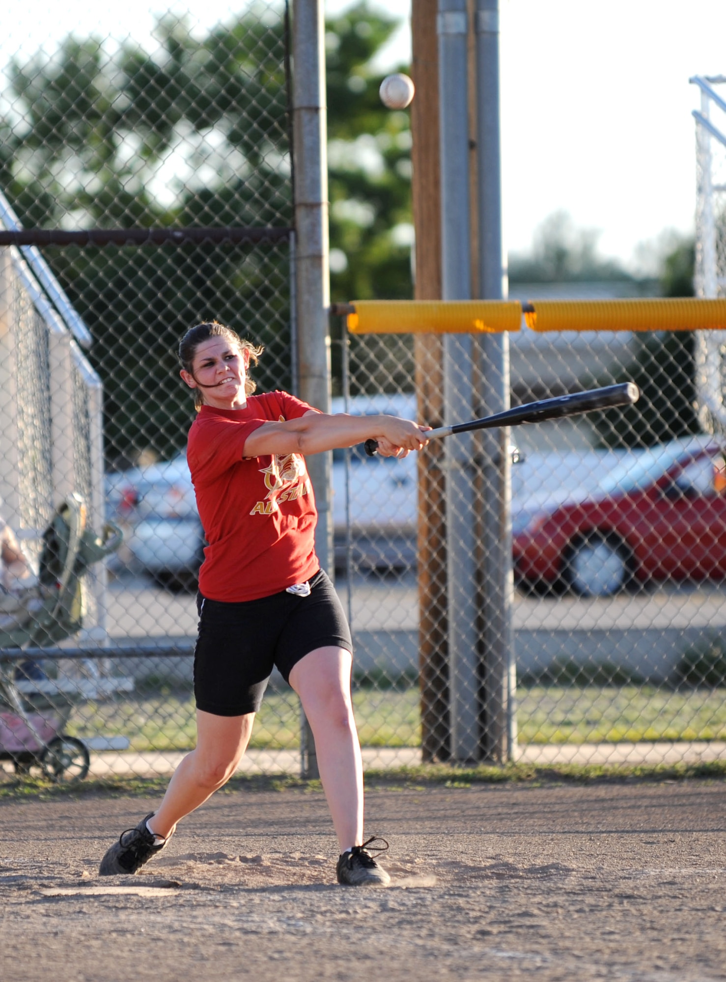 MOUNTAIN HOME AIR FORCE BASE, Idaho -- Debbie Lockhart, 366th Security Forces Squadron first baseman, hits a pop fly during the SFS versus 366th Force Support Squadron intramural softball game June 24. SFS hammered FSS 22-8. (U.S. Air Force photo/Senior Airman Samantha S. Crane)