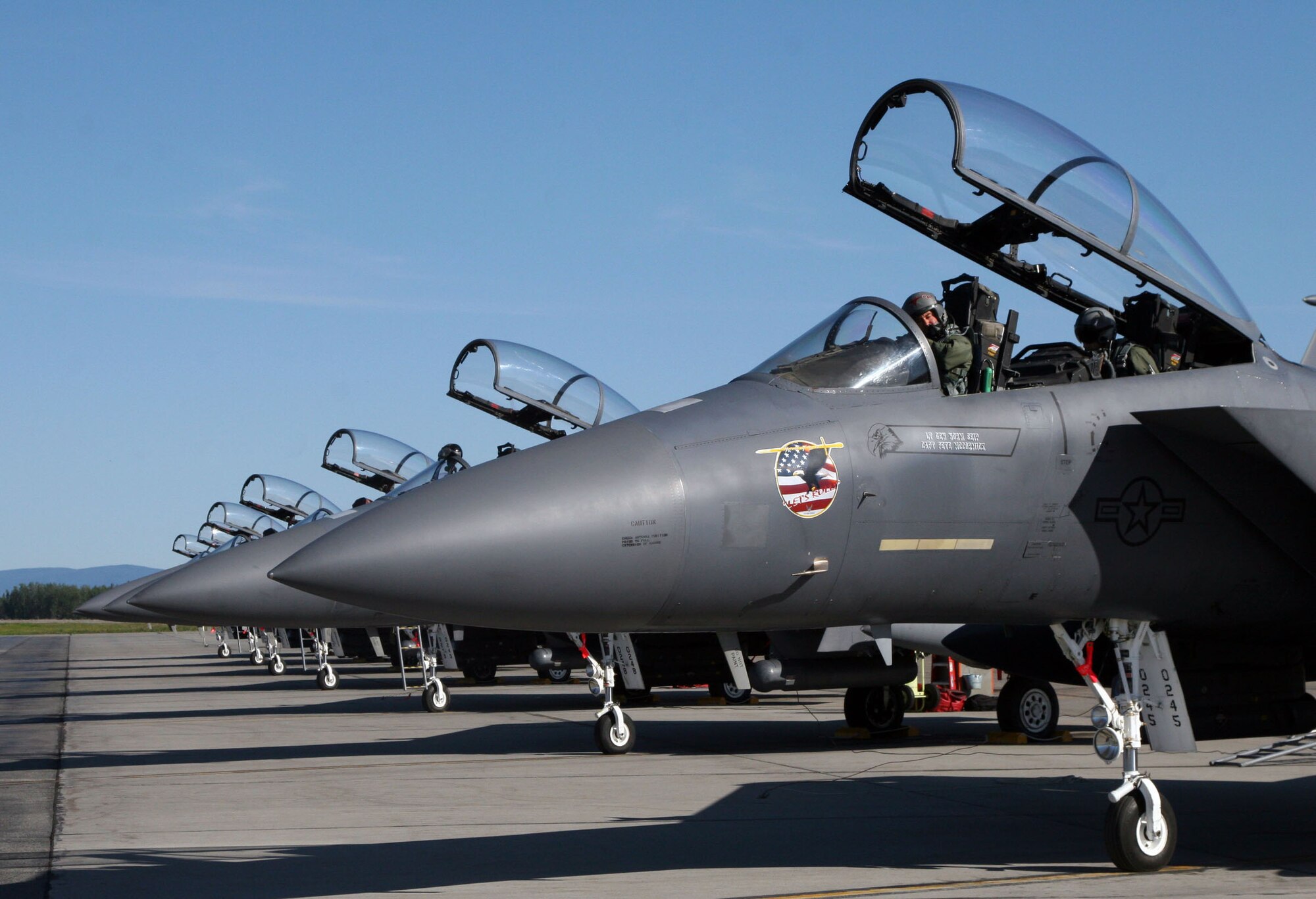 EIELSON AFB, Alaska -- F-15E Strike Eagles from Mountain Home Air Force Base, Idaho, prepares for takeoff here June 16. The F-15E’s is participating in Exercise Northern Edge 2009. (U.S. Marine Corps photo by Lance Cpl. Ryan A. Rholes)