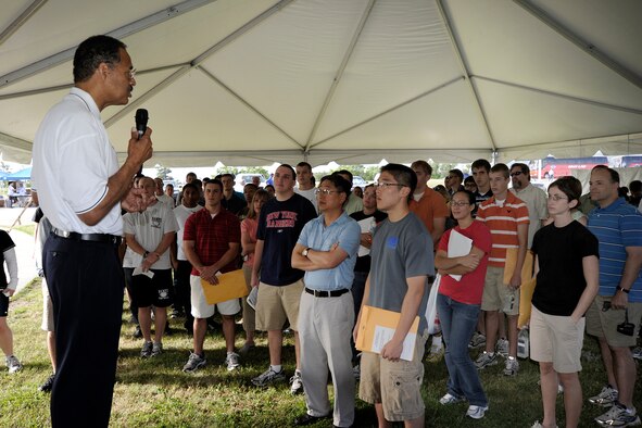 William Thompson congratulates basic cadets and their families on being accepted to the U.S. Air Force Academy's Class of 2013. Mr. Thompson is president and CEO of the Association of Graduates, a non-profit Air Force Academy alumni association. (U.S. Air Force photo/Dave Ahlschwede)