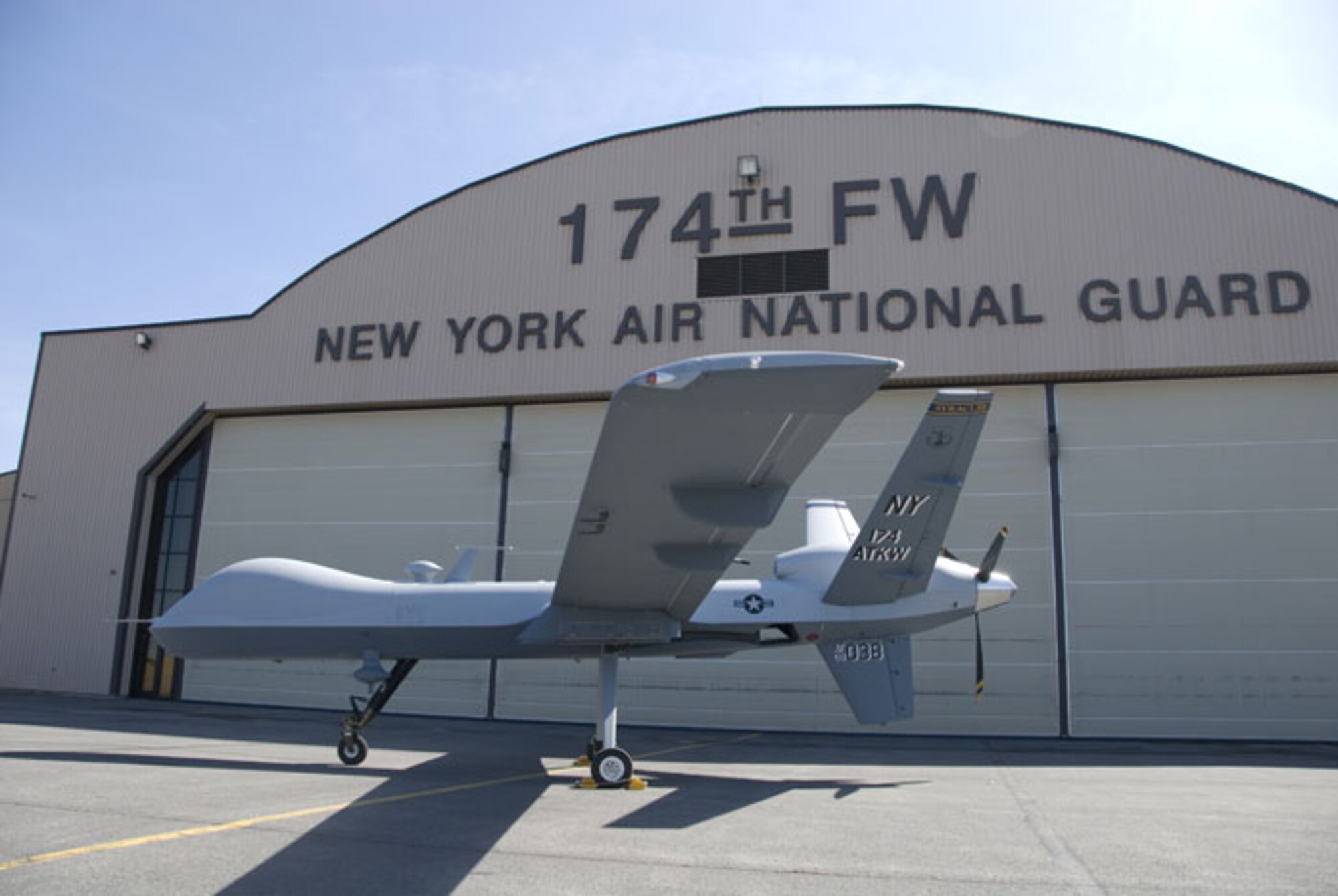 The 174th Fighter Wing, Hancock Field Air National Guard Base, Syracuse, NY shows off it's latest aircraft: The MQ-9 "Reaper". The unit will begin flying Combat Air Patrols with the MQ-9 beginning in November of this year, while flying out the F-16 Fighting Falcon until March 2010. (U.S. Air Force Photo by Tech. Sgt. Jeremy M. Call/RELEASED)