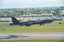 MINOT AIR FORCE BASE ND --  A B-52H Stratofortress soars through the air during the rapid launch portion of Global Thunder 09 here June 30. Global Thunder 09 is the USSTRATCOM Field Training Exercise and Battle Staff Exercise designed to exercise all mission areas with primary emphasis on Nuclear Command and Control (NC2). Global Thunder 09 provides training opportunities for component, task force, unit, forces, and command posts to deter, and if necessary defeat, a military attack against the United States and to employ forces as directed by the President. (U.S. Air Force photo by Tech. Sgt. Linda Miller)