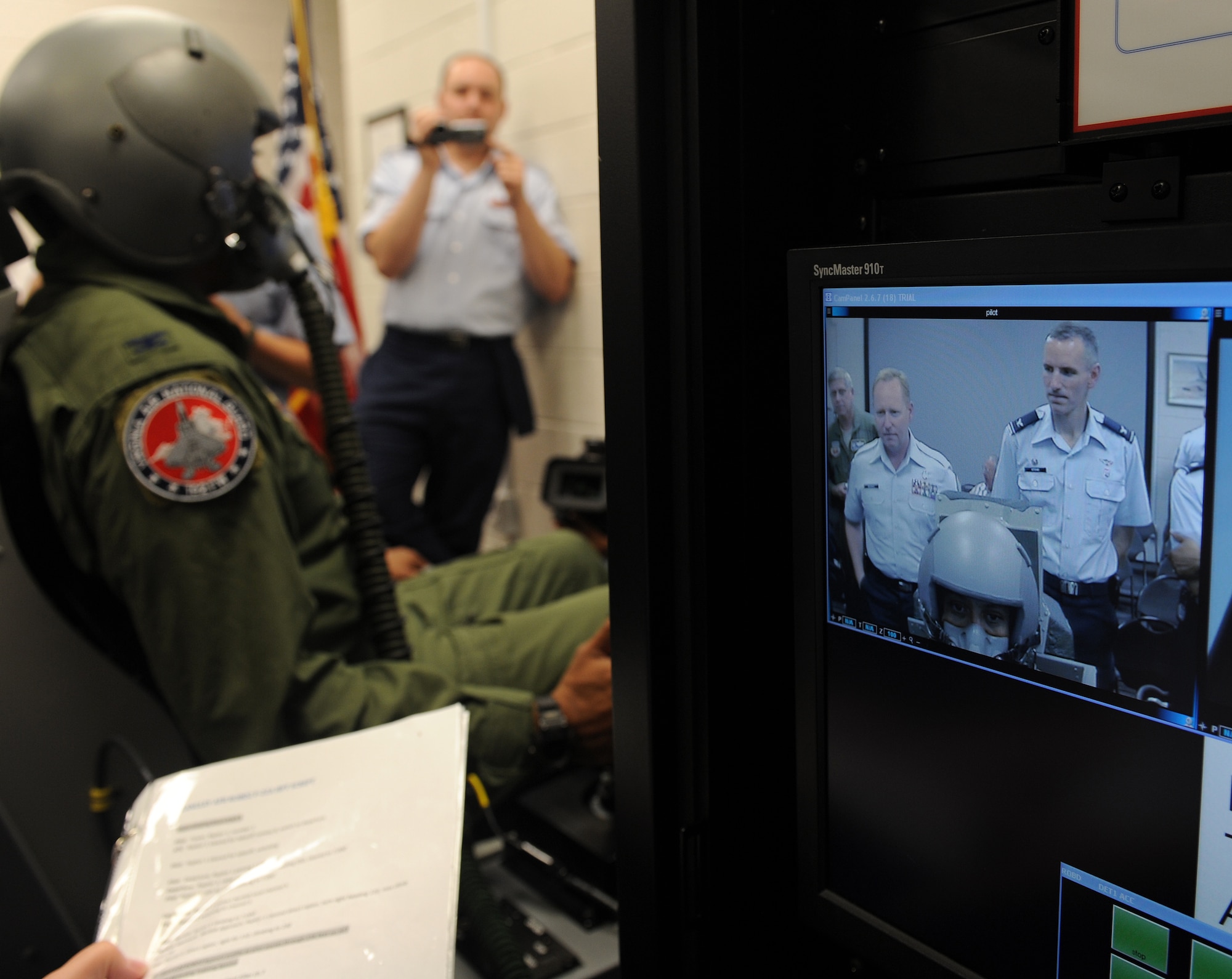 LANGLEY AIR FORCE BASE, Va. --  Col. Bryan Turner, 192nd Operations Group commander, tests out the new Reduced Oxygen Breathing Device here June 29.  This device records a pilot's reaction to low oxygen levels.  (U.S. Air Force photo/Senior Airman Zachary Wolf)

