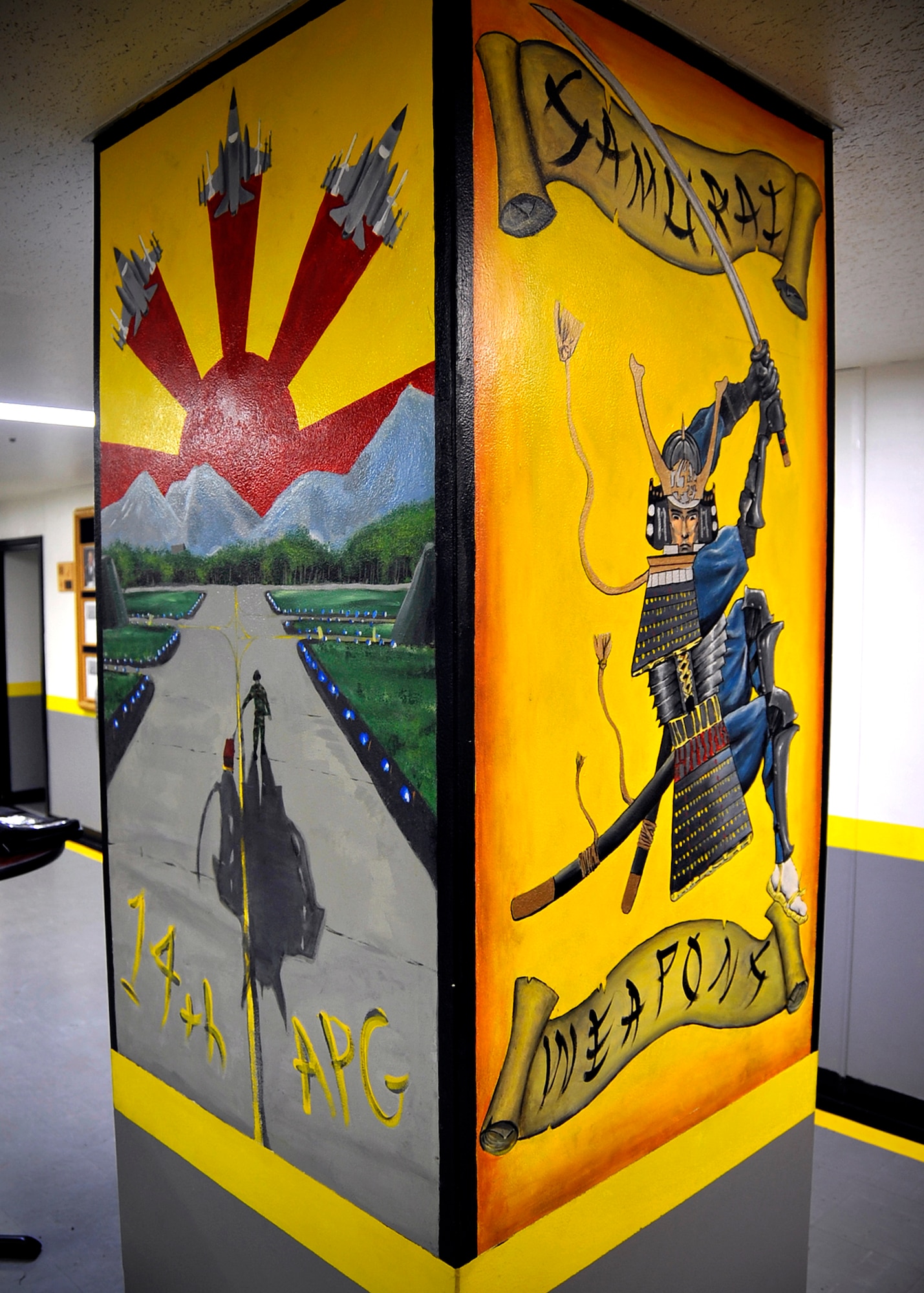 MISAWA AIR BASE, Japan -- Murals of Samurai and other inspirational themes are painted on walls and pillars in the 14th Aircraft Maintenance Unit. These murals have been painted to help inspire moral and esprit de corp. (U.S. Air Force photo/Senior Airman Chad C. Strohmeyer.)