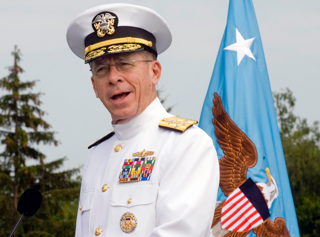 U.S. Navy Adm. Mike Mullen, chairman of the Joint Chiefs of Staff, addresses the audience at the U.S. European Command change of command ceremony at Patch Barracks in Stuttgart, Germany, June 30, 2009.