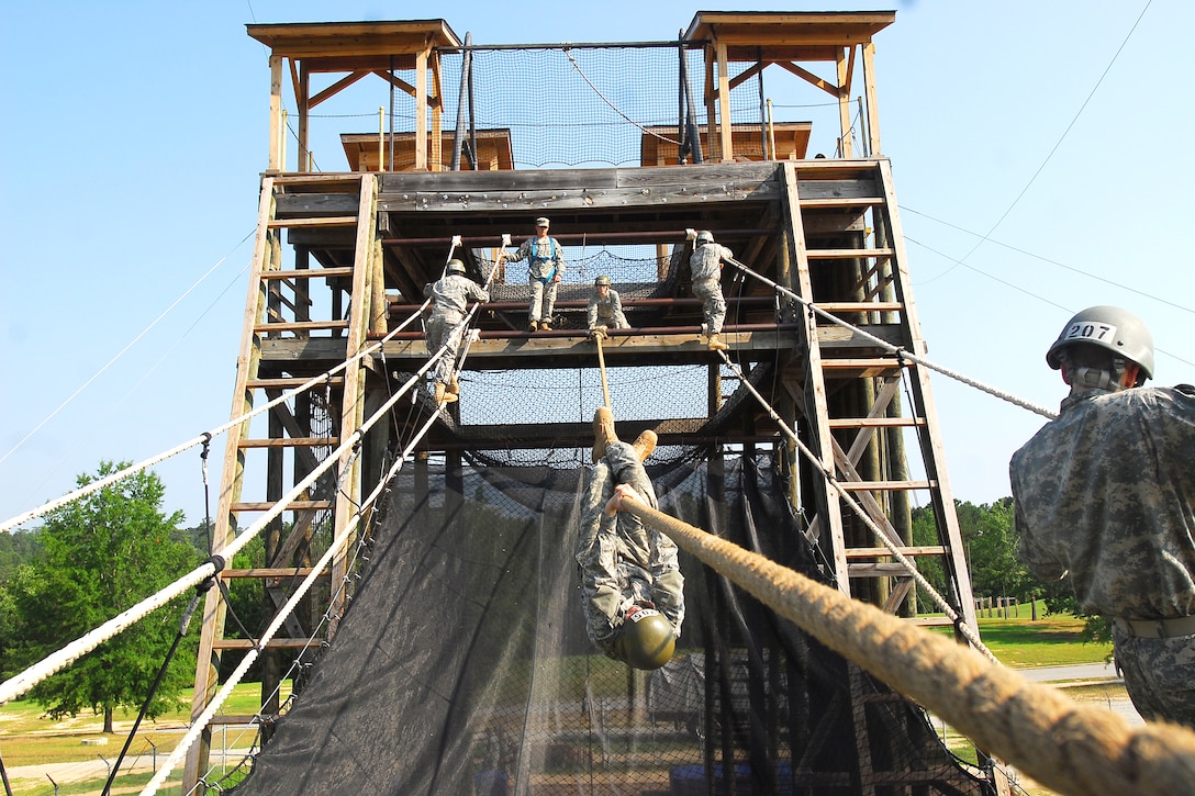 U.S. Army Pvt. Jacob Brubaker loses his balance on the Army crawl and must use hand-over-hand upside down to finish the one-rope challenge during Eagle Tower exercises on Fort Benning, Ga., June 16, 2009. "This course teaches the troops to get over their fear," said Army Cpt. Erik Schefstad, Company C commander assigned to Company C, 1st Battalion, 19th Infantry Regiment.