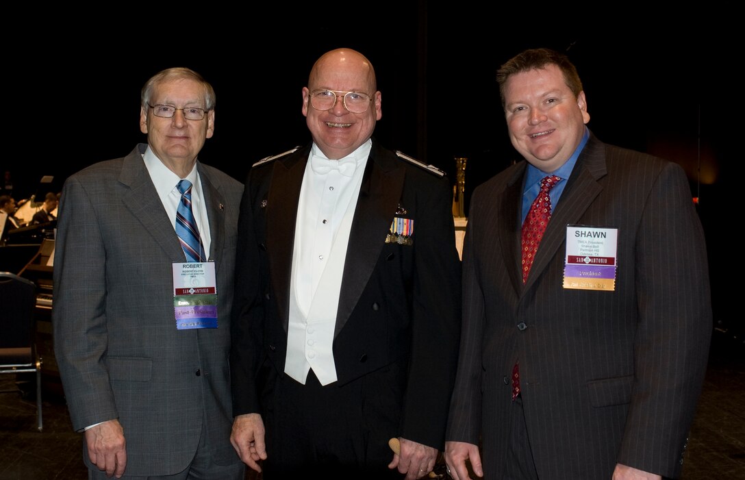 Colonel Dennis M. Layendecker, Commander and Music Director of The United States Air Force Band, takes a moment for a picture with Texas Music Educators Association (TMEA) Executive Director Robert Floyd (left) and President Shawn Bell (right).  The United States Air Force Band performed at the TMEA President's Concert in San Antonio, Texas, on February 12th, 2009.