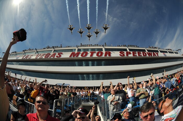LAS VEGAS -- The U.S. Air Force Air Demonstration Squadron "Thunderbirds" fly over the Las Vegas Motor Speedway during the Shelby 427 NASCAR Nextel Cup race March 1.  Located at Nellis Air Force Base, Nev., the Thunderbirds will begin their 2009 air demonstration season March 21 and perform 73 shows in the United States, Puerto Rico and the Far East. (U.S. Air Force photo by Senior Airman Larry E. Reid Jr., RELEASED)