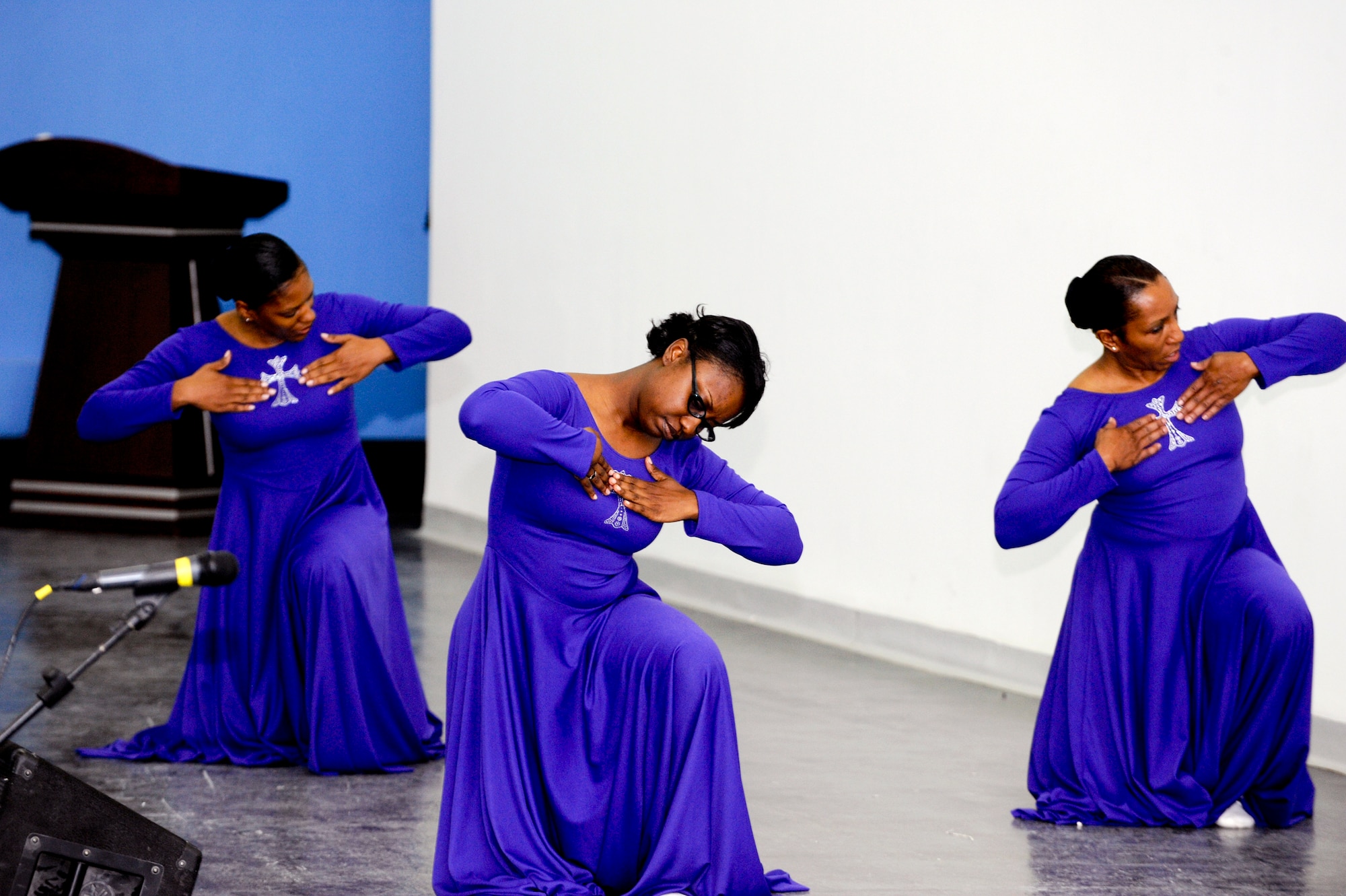 The Praise dancers perform a choreographed dance during the Gospel Extravaganza event, Feb. 27, 2009, in an undisclosed location in Southwest Asia.  The event featured choirs and dancers from different bases showcasing their musical and artistic talent.  The members of the choir consisted of military as well as civilian personnel who are deployed in support of Operations Iraqi and Enduring Freedom and Combined Joint Task Force - Horn of Africa. (U.S. Air Force Photo by Staff Sgt. Joshua Garcia/released)