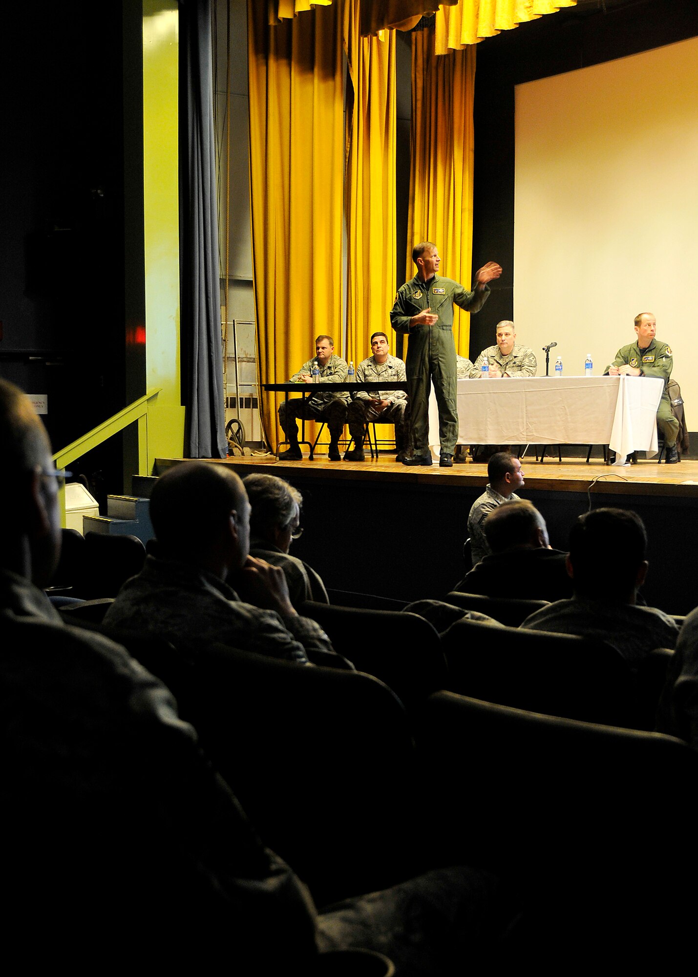 MISAWA AIR BASE, Japan -- 35th Fighter Wing leadership answers questions and listens to complaints at a town hall meeting Feb. 17, 2009. The meeting covered the use of tobacco products in family housing, dormitories, and Force Support Squadron facilities. (U.S. Air Force photo by Senior Airman Chad Strohmeyer)