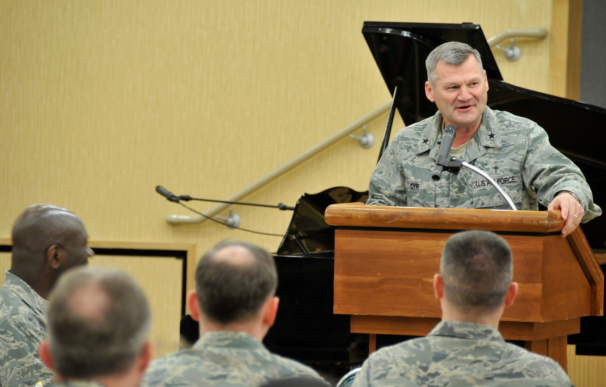 MISAWA AIR BASE, Japan -- Brig. Gen. David Cyr, Air Force Deputy Chief of Chaplains, gives closing remarks at the National Prayer Luncheon Feb. 23, 2009. This marks the fourth annual National Prayer Luncheon at Misawa Air Base. (U.S. Air Force photo by Senior Airman Chad Strohmeyer)