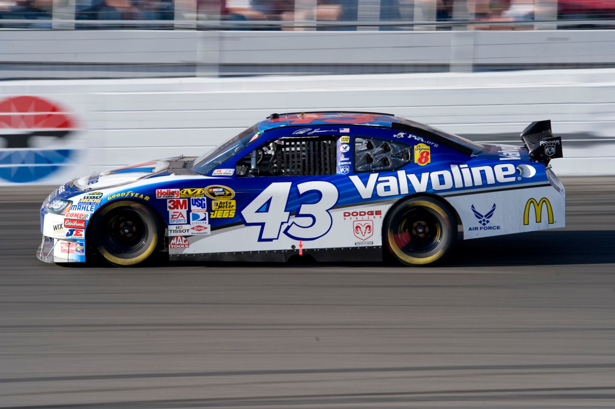 Reed Sorenson drives the Air Force sponsored No. 43 Dodge through turn 4 during the Shelby 427 race March 1 at the Las Vegas Motor Speedway. (U.S. Air Force photo/Master Sgt. Jack Braden)