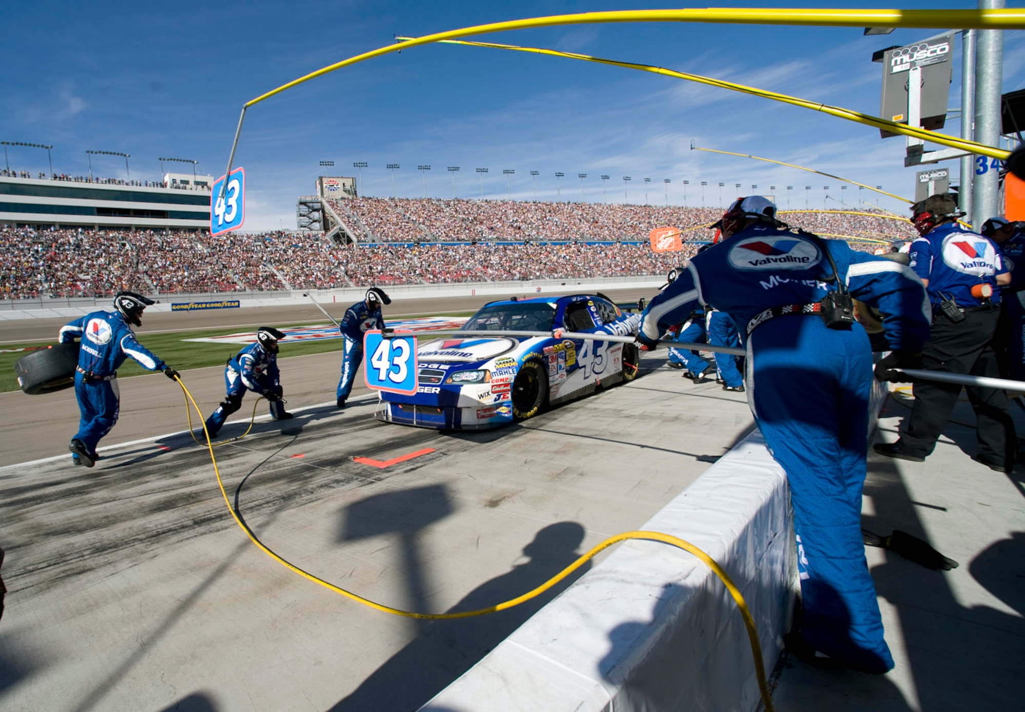 Reed Sorenson pulls into the pits on lap 61 of the Shelby 427 race March 1 at the Las Vegas Motor Speedway. Mr. Sorenson, driver of the No. 43 Air Force sponsored Dodge, finished the race in 34th place after spinning in turn two on lap 138. (U.S. Air Force photo/Master Sgt. Jack Braden)