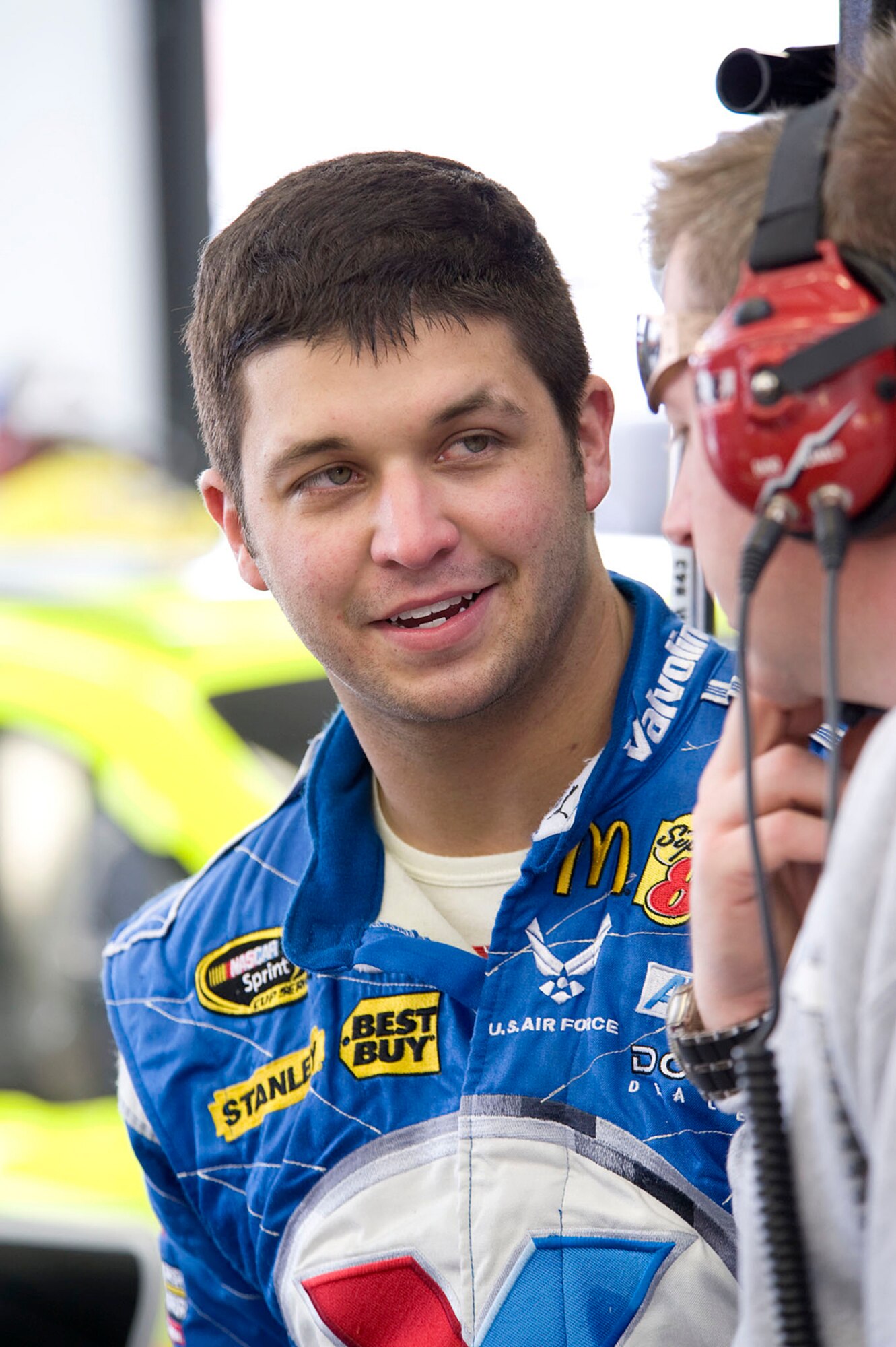 Reed Sorenson talks to Mike Shiplett during the final practice before the Shelby 427 race Feb. 28 at Las Vegas Motor Speedway in Nevada. Mr. Sorenson is the driver of the Air Force sponsored Sprint Cup series car, and Mr. Shiplett is the crew chief. (U.S. Air Force photo/Master Sgt. Jack Braden)