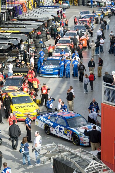 The Air Force sponsored No. 43 Dodge driven by Reed Sorenson is lined up for inspection Feb. 28 at Las Vegas Motor Speedway in Nevada. (U.S. Air Force photo/Master Sgt. Jack Braden)