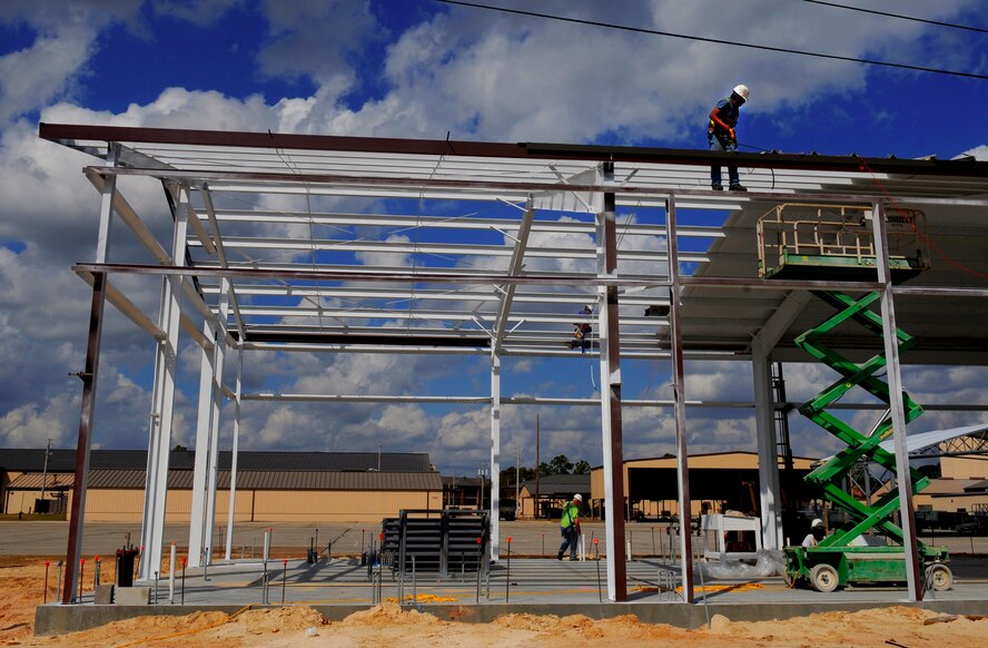 MOODY AIR FORCE BASE, Ga. -- Contractors work on a construction project for the new 38th Rescue Squadron Maritime Operations Center building here Feb. 25. The maritime operations center building is part of a number of initiatives that will provide Moody with more than $ 65 million worth of construction and improvements to upcoming facilities and pre-existing buildings and structures. (U.S. Air Force photo by Senior Airman Gina Chiaverotti)