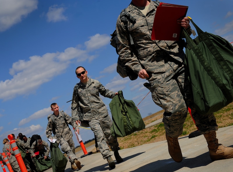MOODY AIR FORCE BASE, Ga. -- Members of the 23rd Aircraft Maintenance Squadron prepare to process through the mobility line here Feb. 26. The 23rd AMXS is deploying to assist and support the 74th Fighter Squadron. (U.S. Air Force photo by Senior Airman Gina Chiaverotti)