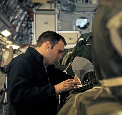 Staff Sgt. Steve Gore completes an airdrop evaluation prior to an airdrop mission on board a C-17 Globemaster III Feb. 14 over Afghanistan. Sergeant Gore is a C-17 loadmaster. (U.S. Air Force photo/Staff Sgt. James L. Harper Jr.)