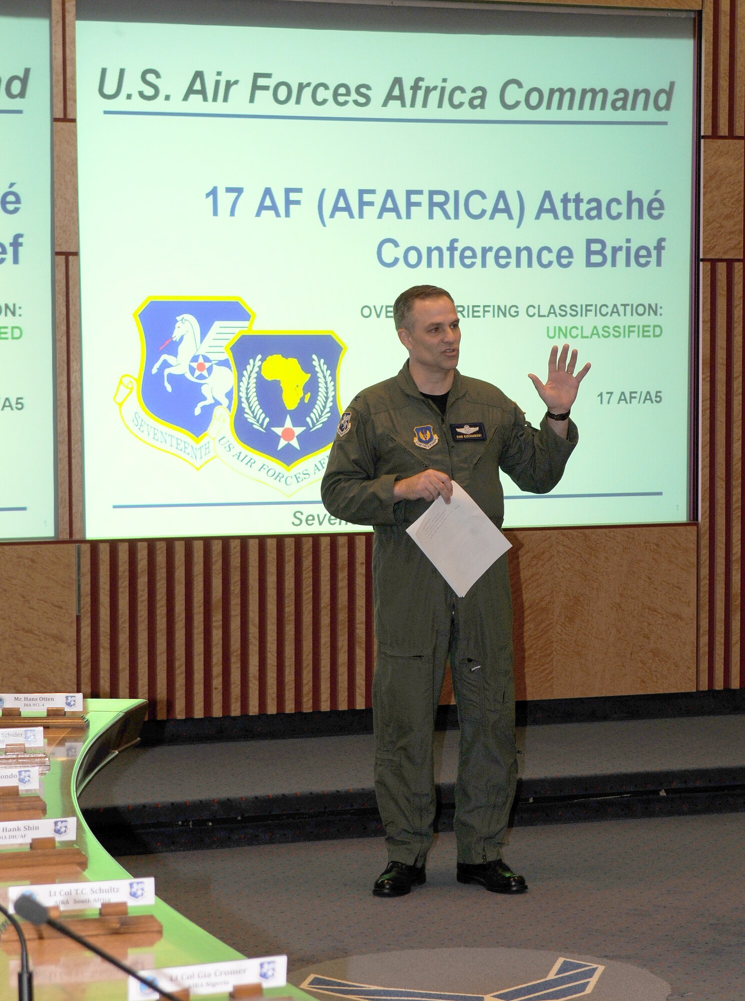 RAMSTEIN AIR BASE, Germany -- Lt. Col. Don Kochanski, Seventeenth Air Force Director of A5 (Plans), gives an opening briefing to assembled air attaches assigned to African nations Feb. 24 here. The briefing was part of the African Air Attaches conference held Feb. 23-27 at Ramstein. This was the first year that 17th AF, the air component for U.S. Africa Command, took part. Attaches and members of 17th AF, along with the Office of the Secretary of The Air Force for International Affairs, shared information and collaborated on maximizing effectiveness. (USAF Photo by Master Sgt. Jim Fisher)