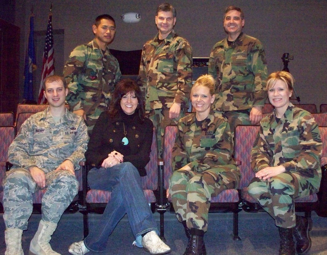 Night Wing, the popular music group of the USAF Heartland of America Band, spent three days with professional performance coach, Ms. Amy Wolter.  Pictured from left to right are: (back) Senior Airman Daniel Santos, Staff Sgt. Timothy Rogers, Master Sgt. Douglas Montera; (front) Staff Sgt. Clint Whitney, Ms. Amy Wolter, Technical Sgt. Lara Murdzia and Master Sgt. Lori Weber.