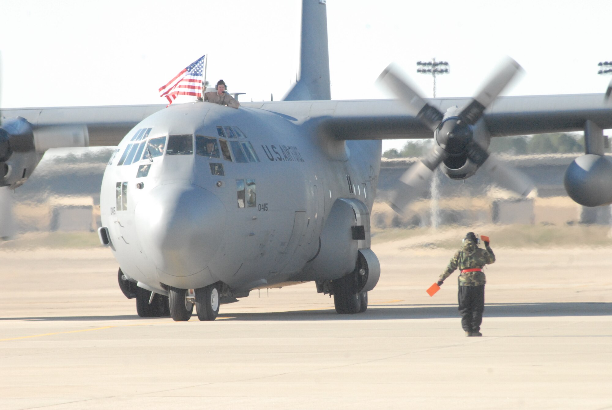 A Pope C-130 taxis on the Pope flightline Feb. 20, capping a four-month deployment for the 2nd Airlift Squadron to Southwest Asia. (U.S. Air Force Photo by 2nd Lt. Chris Hoyler)