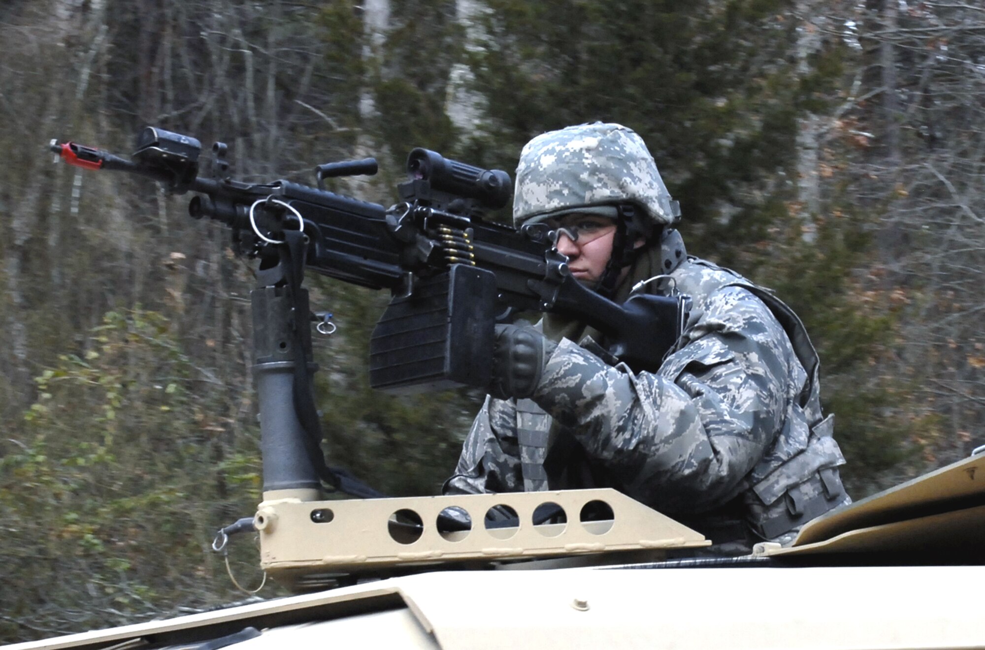 A student in the Air Force Phoenix Warrior Training Course participates in convoy operations training on a Fort Dix, N.J., range on Feb. 27, 2009.  The course, taught by the U.S. Air Force Expeditionary Center's 421st Combat Training Squadron at Fort Dix, N.J., prepares security forces Airmen for upcoming deployments.  (U.S. Air Force Photo/Staff Sgt. Paul R. Evans)