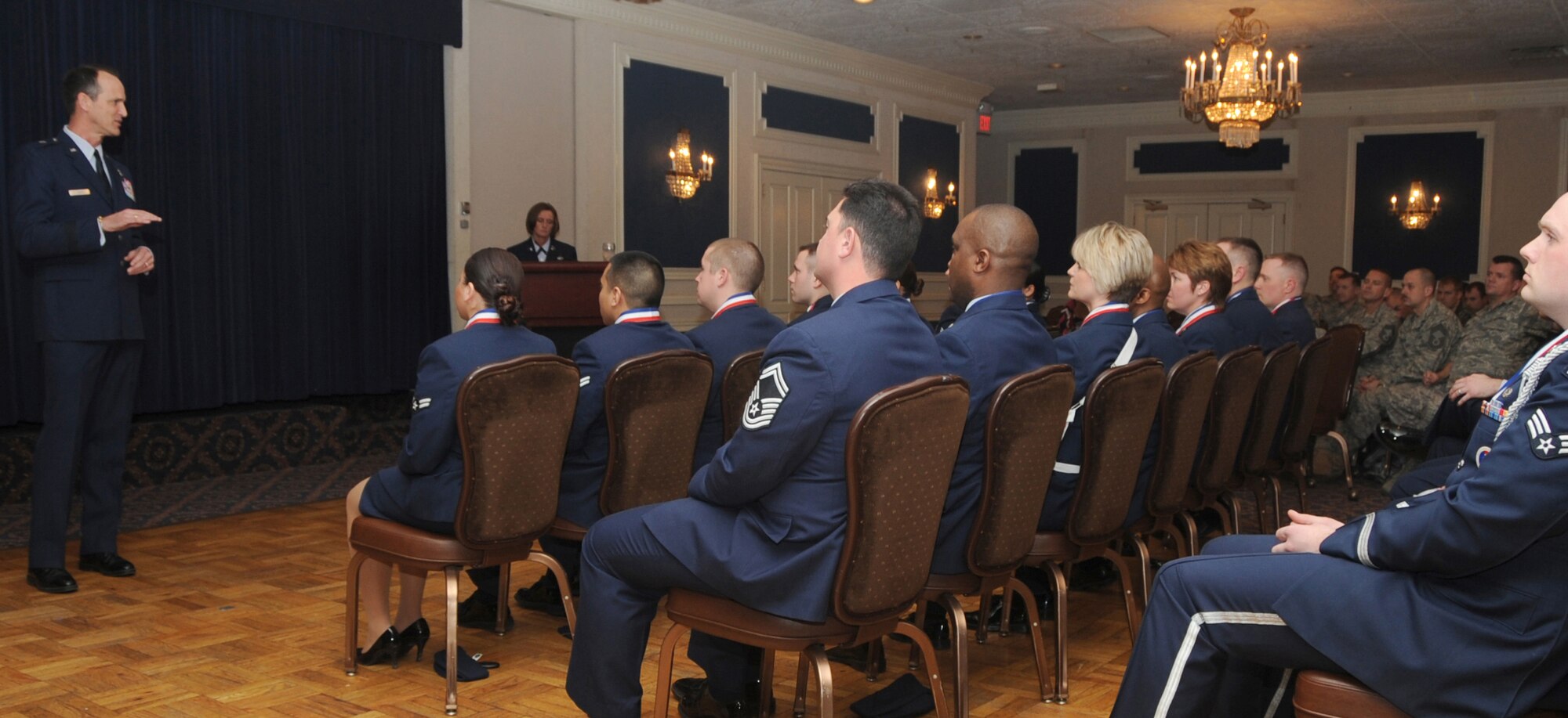 OFFUTT AIR FORCE BASE, Neb. -- Brig. Gen. James Jones, 55th Wing commander, gives words of encouragement for award winners at the 55th Wing Annual Awards Medallion Ceremony at the Patriot Club Feb. 26th. The ceremony honors those nominated for the wing's annual award.  

U.S. Air Force Photo by Jeff Gates