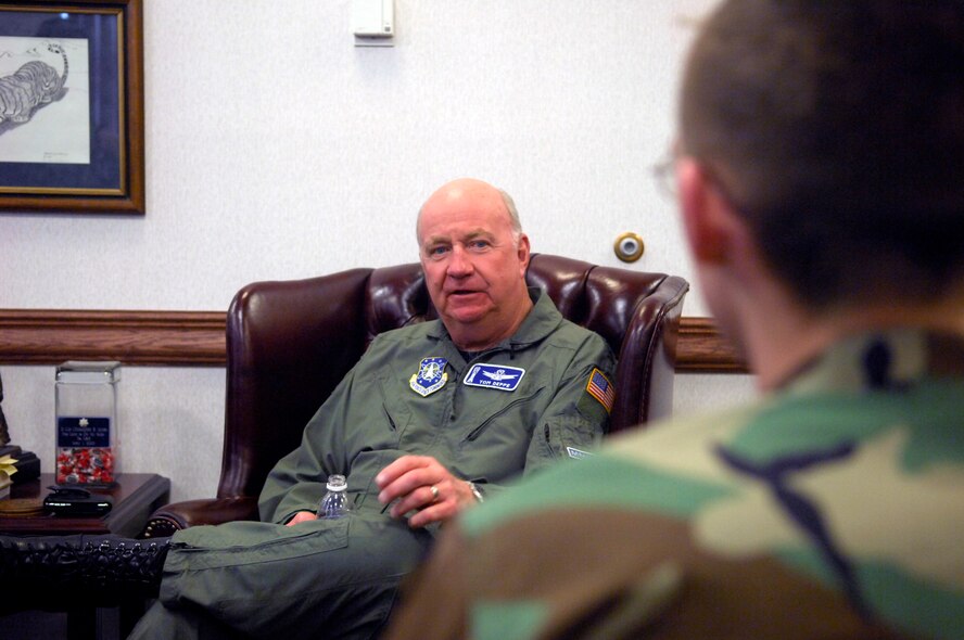 MINOT AIR FORCE BASE, N.D. -- Maj. Gen. Thomas Deppe, AF Space Command vice commander, answers questions during an interview with the base public affairs shop here Feb. 26 to 28. General Deppe came here to boost morale, meet his Airmen and reinforce the importance Rough Riders have in sustaining a successful nuclear enterprise. (U.S. Air Force photo by Staff Sgt. Keith Ballard)