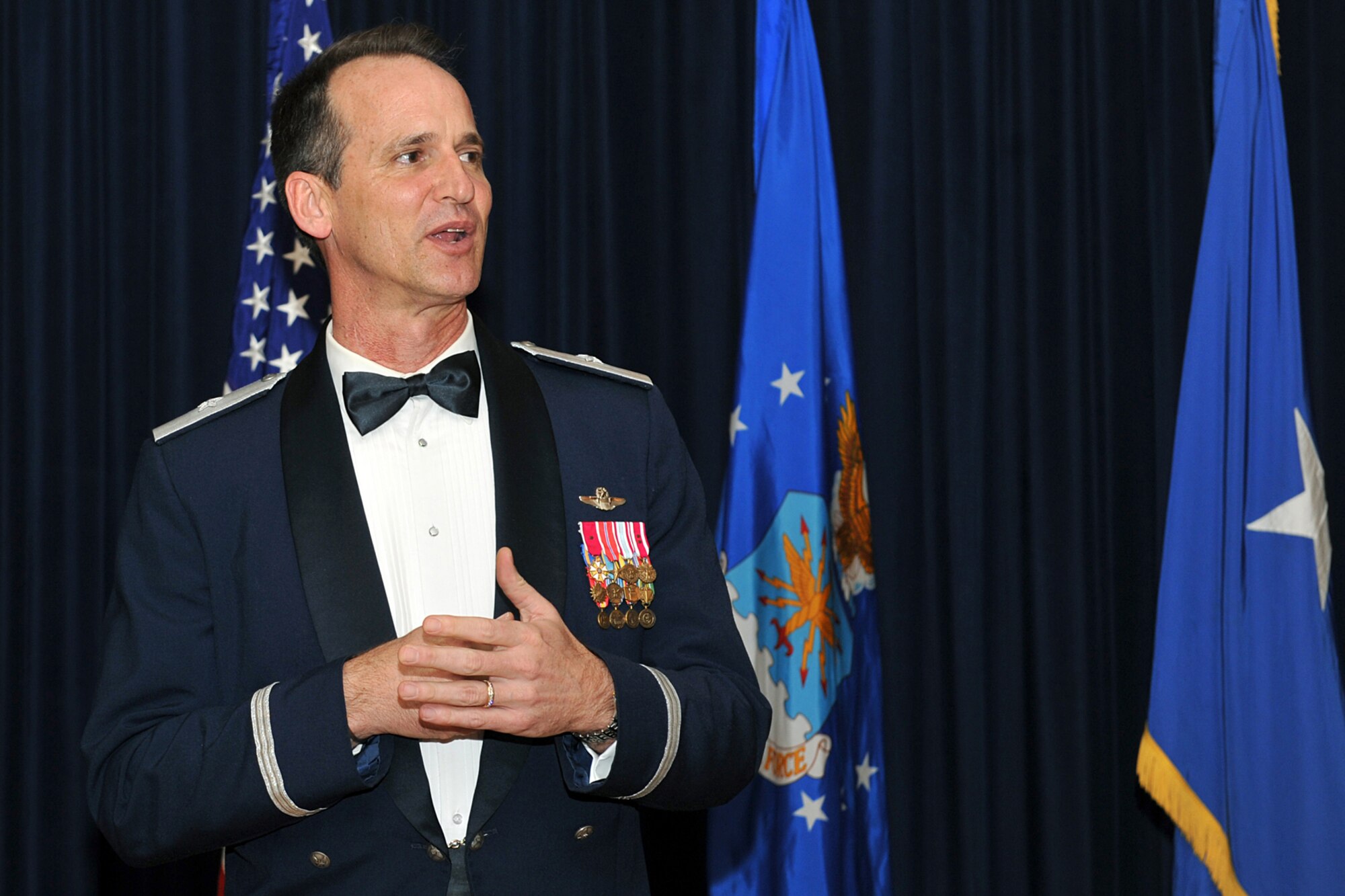 OFFUTT AIR FORCE BASE, Neb.-- Brig. Gen. James Jones, 55th Wing commander, encourages the nominees and award winners during the 55th Wing Annual Awards Banquet held at the Patriot Club Feb. 27. Members of the 55th Wing came together to honor those who have demonstrated tireless dedication, faithful service and excelled in the past year representing the best of the best according to the general.

U.S. Air Force Photo By Charles Haymond