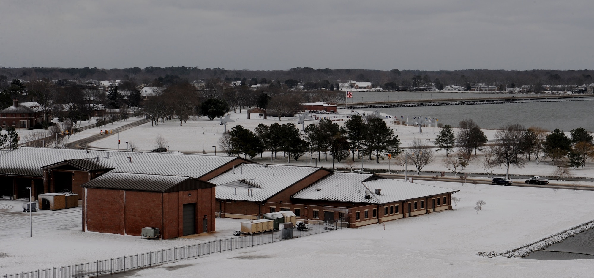 LANGLEY AIR FORCE BASE, Va.-- Memorial Park, King Street Gate, and other landmarks are seen from the top of the air traffic control tower after a snowstorm March 2. Langley was hit with parts of the largest  snowfall Virginia has seen in the last three years. (U.S. Air Force photo/Airman Rebecca Montez)