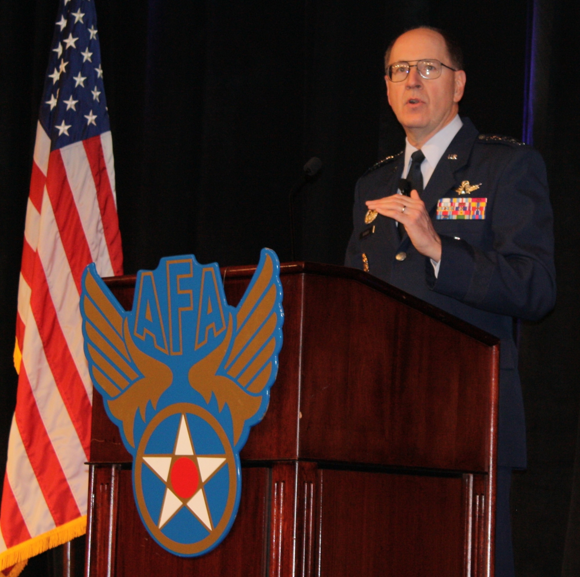 “When you come to work and you log in… you are entering a war zone, and everyone has to be a defender," said Gen. C. Robert Kehler, commander, Air Force Space Command at the Air Force Association's Air Warfare Symposium in Orlando Feb. 27. General Kehler spoke on the changing nature of warfare in the 21st century and the measures that must be taken to respond to those changes. (U.S. Air Force photo by Airman 1st Class David Dobrydney)