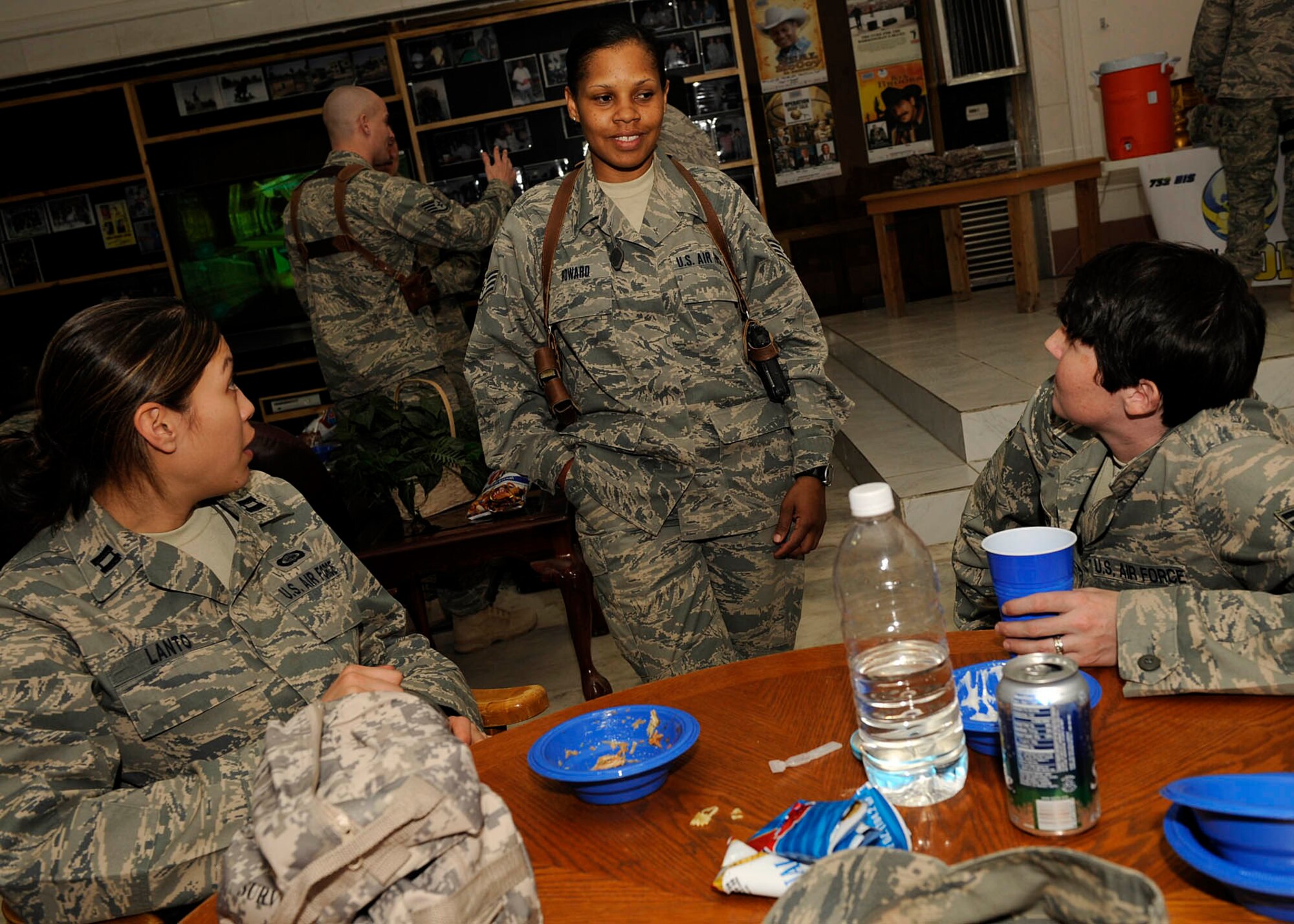 Staff Sgt. Porscha Howard, 732nd Air Expeditionary Group chaplain assistant, provides spiritual guidance to a group of Joint Expeditionary Tasked Airmen at Camp Slayer. As one of the only ‘combat’ chapel teams, Chaplain Haltom and Sergeant Howard, the chapel team for the 732nd AEG, provide chapel support to Joint Expeditionary Tasked Airmen, who are filling Army positions in unique locations. (U.S. Air Force photo by Senior Airman Jacqueline Romero)