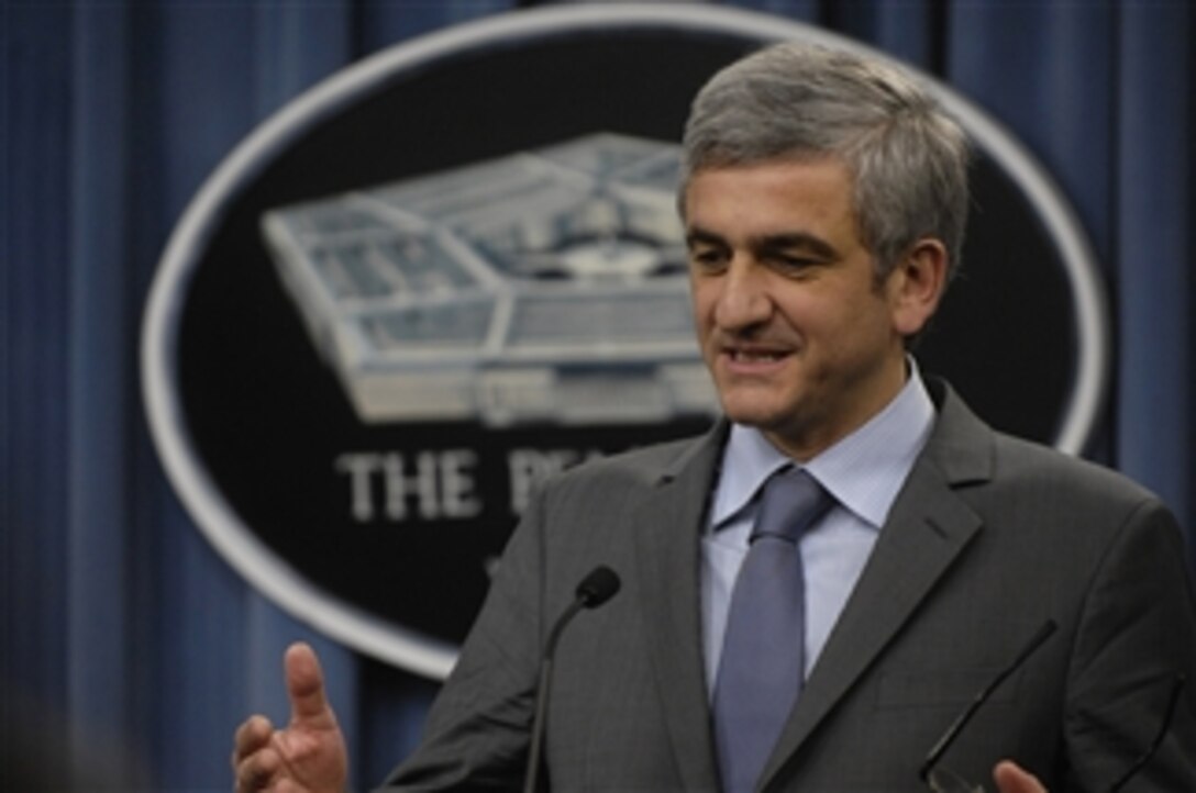 French Minister of Defense Herve Morin answers a question from a reporter during a press briefing in the Pentagon on March 3, 2009.  