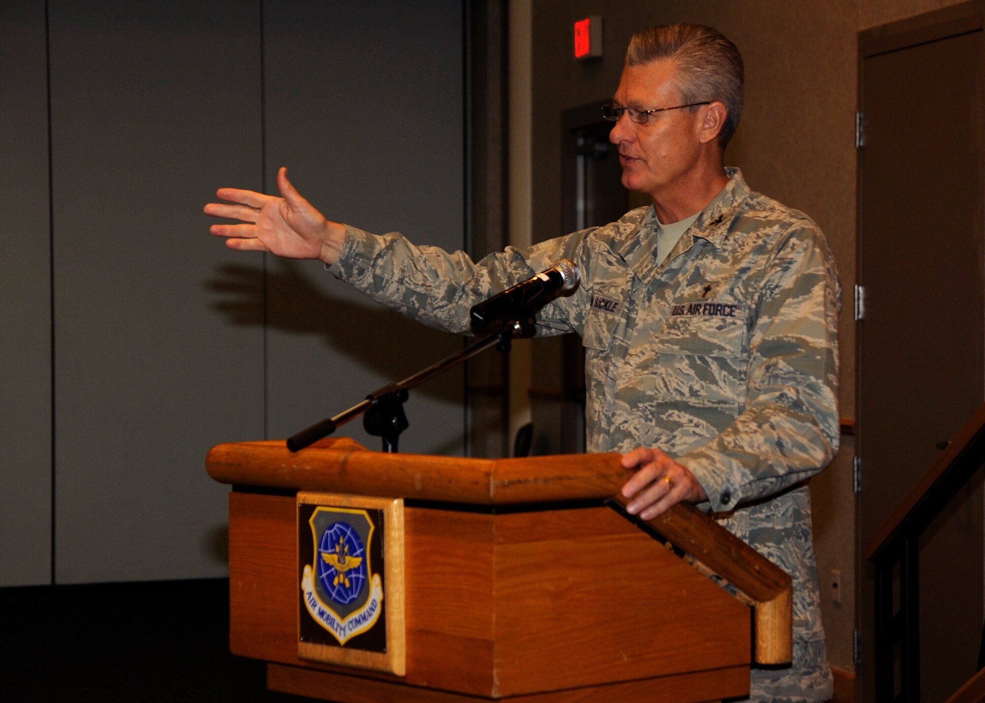 MCCONNELL AIR FORCE BASE, Kan. -- Ch. (Col.) Brian Van Sickle, Air Mobility Command command chaplain, speaks about the difficulties of life during the National Prayer Breakfast at the Robert J. Dole Community Center Ballroom, March 3. The event is observed in over 70 countries with the common theme of uniting individuals and emphasizing the importance of relying on prayer in everyday duties and activities. (Photo by Airman Justin Shelton) 