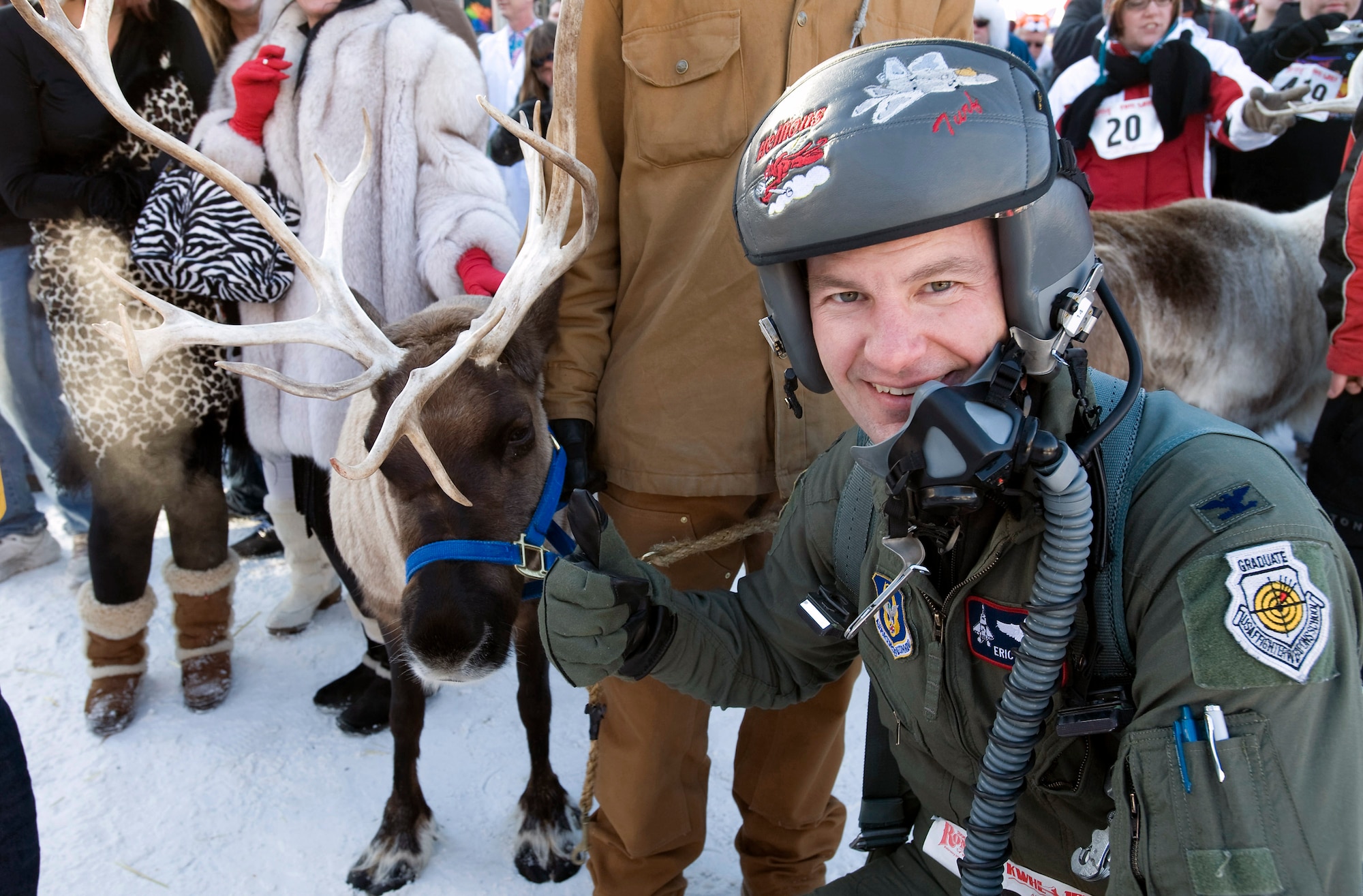 Colonel Eric Overturf prepares for the 2nd Annual Running of the Reindeer down the streets of Anchorage March 1 in Alaska. Colonel Overturf, an F-22 Raptor pilot, ran in the celebrity heat running two city blocks with a herd of reindeer darting through the crowd. Colonel Overturf is the 477th Fighter Group commander at Elmendorf Air Force Base, Alaska. (U.S. Air Force photo/Master Sgt. Keith Brown) 