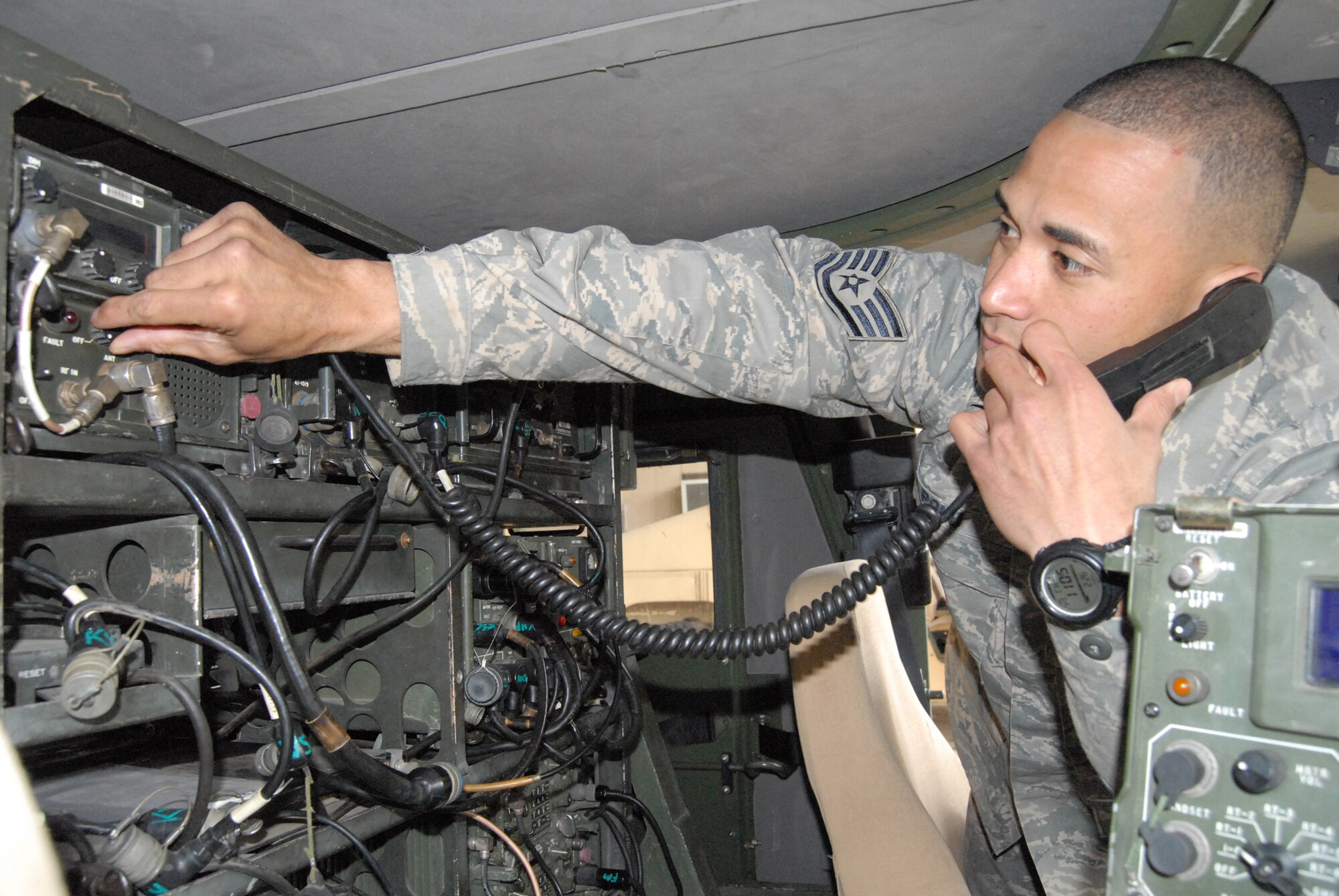 Tech. Sgt. Mitchell Polu, 14th Air Support Operations Squadron, performs an inspection on GRC–6 Radio Pallet that is used on emergency operations. (U.S. Air Force Photo by Emily Farrington-Smith)