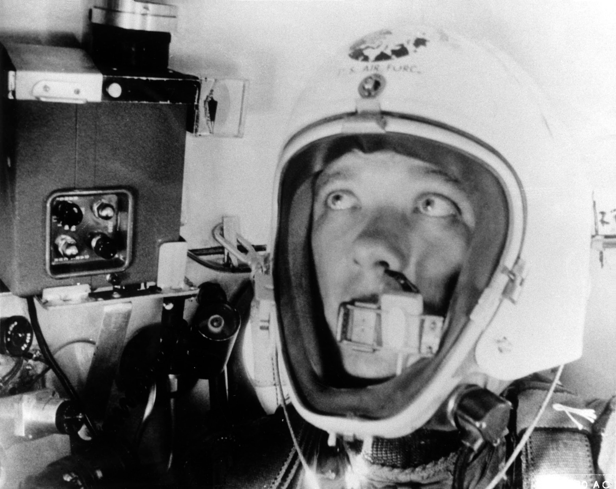 Self-photograph made by Maj. Simons as he approached his record altitude. (U.S. Air Force photo)