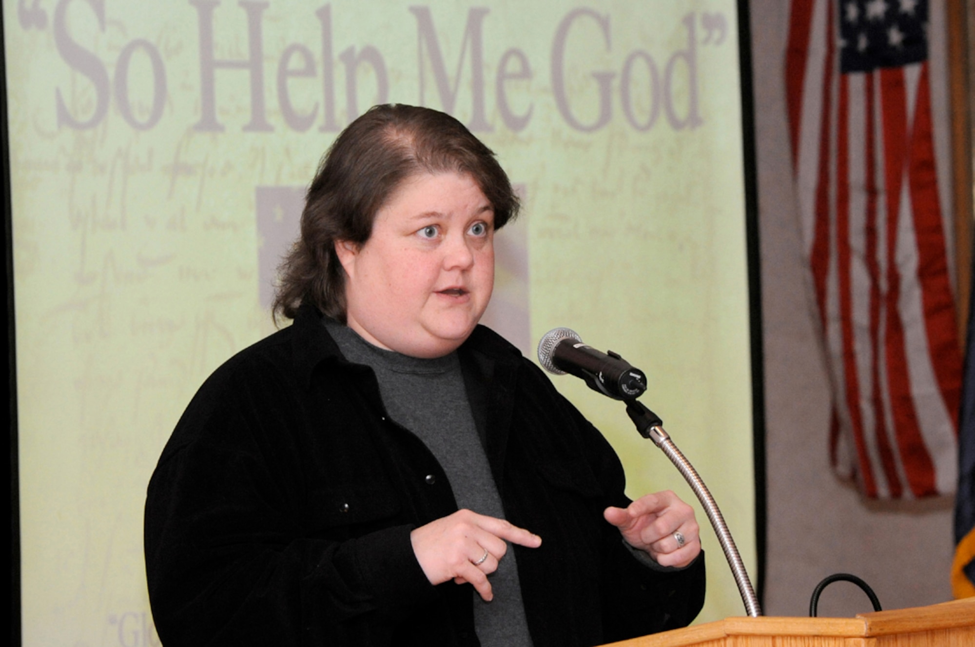 National Prayer Breakfast guest speaker Comedienne Carol Simpson, Central Region Coordinator of Protestant Women of the Chapel, used humor and a her southern charm to speak on the theme “So Help Me God” at The Club Feb. 26. Ms. Simpson shared the joys and sorrows of life, knowing firsthand the necessity of dealing with the past in order to have hope for the future. The event was the first Joint Base National Prayer Breakfast, combining members from McGuire, Fort Dix and Lakehurst. (U.S. Air Force photo/ Wayne Russell)