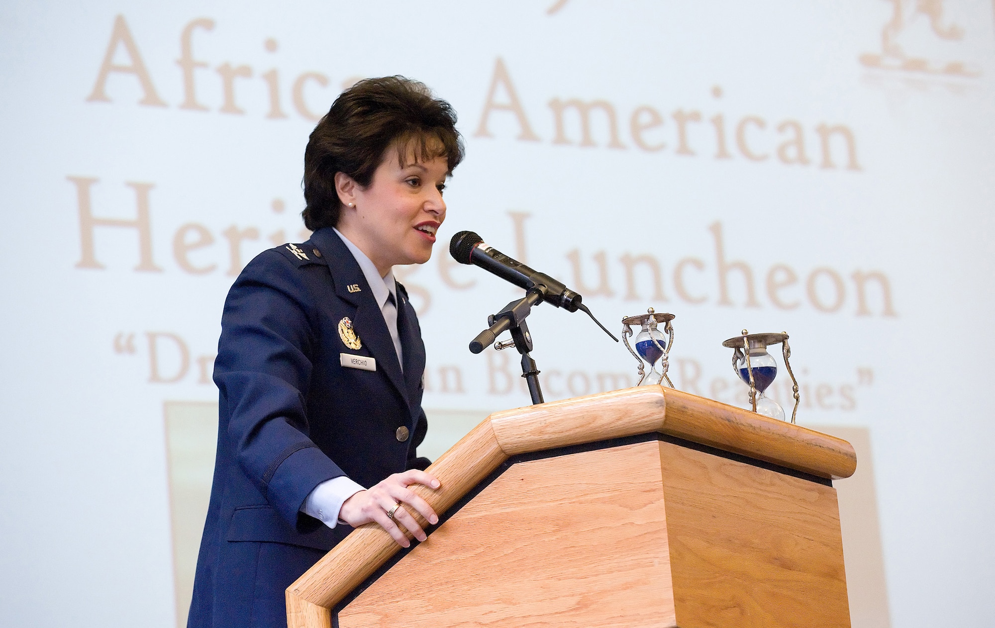 Col. Donna Verchio, Senior Legal Advisor to the Air Force Inspector General, was the guest speaker during the African American Heritage Luncheon at The Landings Club Feb. 27. (U.S. Air Force photo/ Airman 1st Class Shen-Chia Chu)