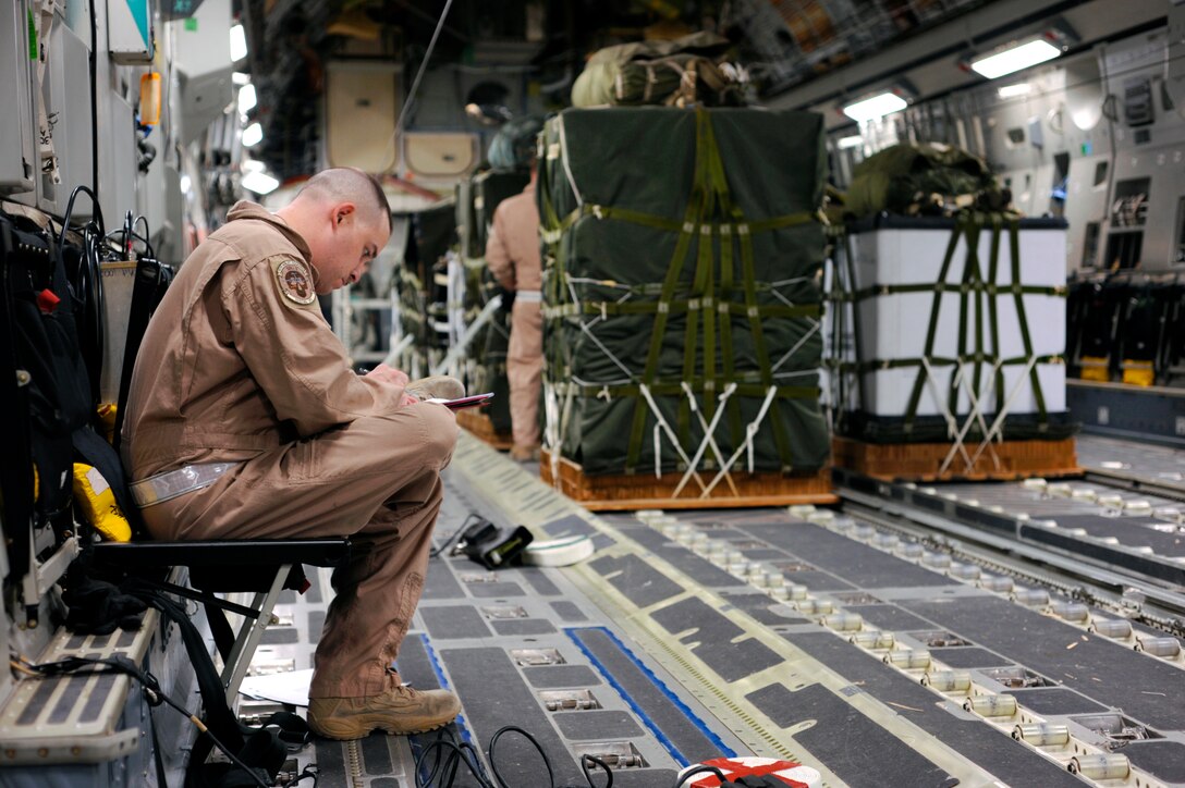 U.S. Air Force Staff Sgt. Matthew Nemeth completes documentation for a load that will be air dropped into Afghanistan, Feb. 26, 2009. Nemeth is assigned to the 816th Expeditionary Airlift Squadron.