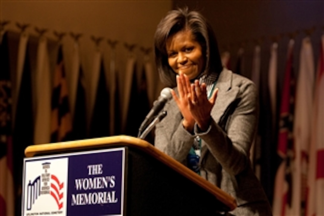 First lady Michelle Obama addresses an audience of primarily female servicemembers at  a March 3, 2009, event honoring Women's History Month and military families at Arlington National Cemetery's Women in Military Service for America Memorial Center in Arlington, Va. 
