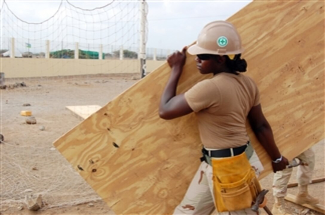 U.S. Navy Petty Officer 3rd Class Gwennette Jamerson from Naval Mobile Construction Battalion 11 carries plywood for the installation of a water storage tank at the Ecole de Douda primary school in Grande Douda, Djibouti, on Feb. 26, 2009.  The tank will provide approximately 1,500 liters of water per day to the school, which is one of four the battalion is improving in the Combined Joint Task Force-Horn of Africa area of responsibility.  