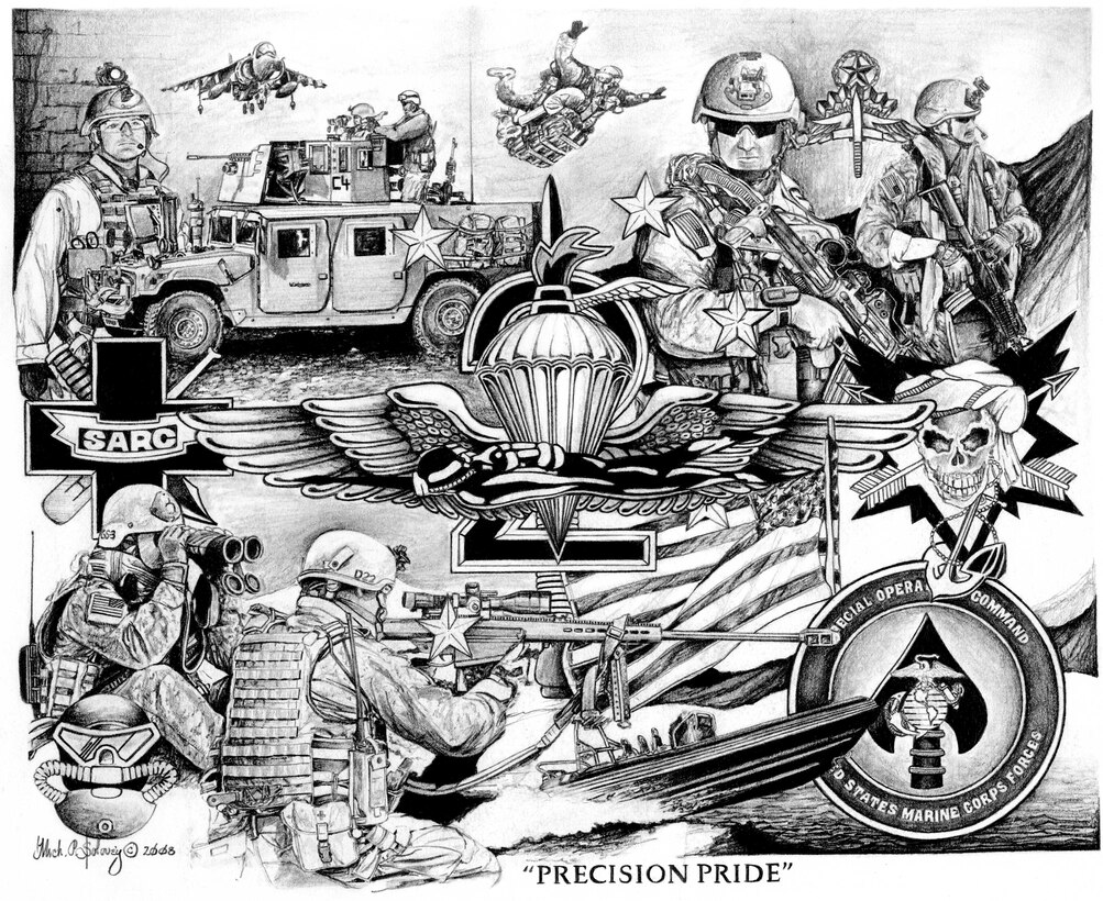 This is a copy of the piece Army Maj. Michael Solovey created for 2d Marine Special Operations Battalion, U.S. Marine Corps Forces, Special Operations Command. Hospital Corpsman 2nd Class Charles Luke Milam, a sailor who fell during combat operations in Afghanistan, is featured in the top left corner, above the Special Amphibious Reconnaissance Corpsman insignia.