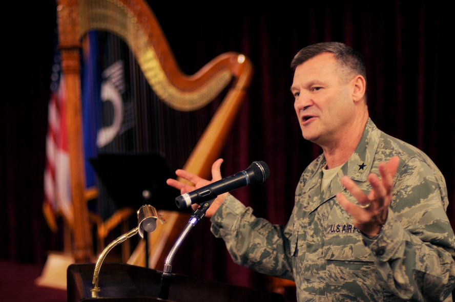 KADENA AIR BASE, Japan -- Chaplain (Brig. Gen.) David Cyr, U.S. Air Force Deputy Chief of Chaplains, speaks to Airmen here Feb. 27 during this year's National Prayer Breakfast at the Rocker NCO club. During the breakfast, the general praised Airmen for their service and reminded them of their noble calling. (U.S. Air Force photo/Airman 1st Class Chad Warren) 