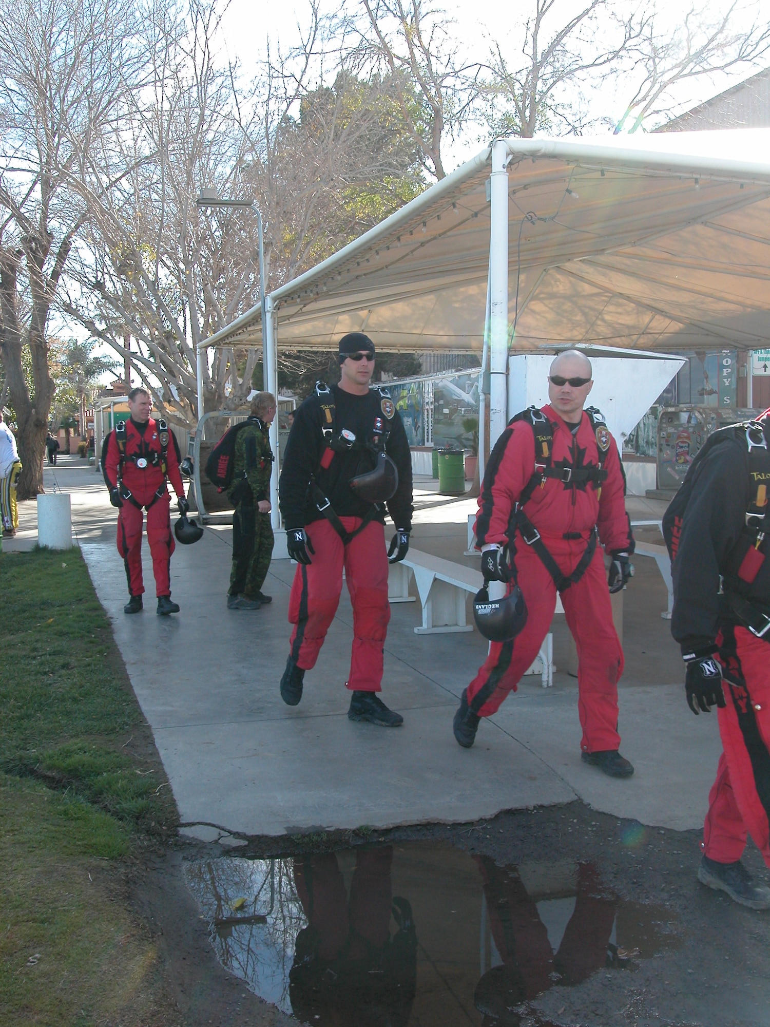 While training for their upcoming demonstration season, the Canadian SkyHawks gave two 452 AMW Public Affairs employees tandem jumps during their practice sessions. (U.S. Air Force photo by Staff Sgt Megan Crusher)