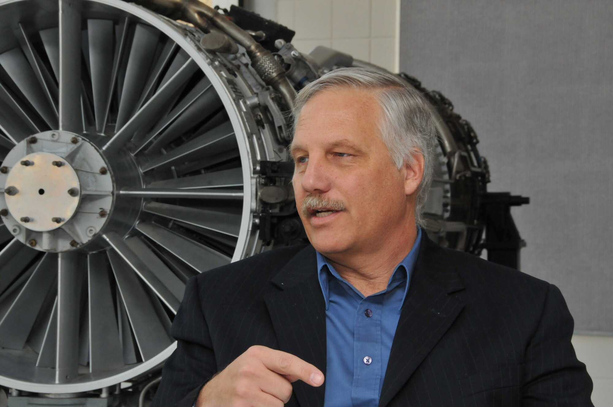 Senior leader for Propulsion, Engineering Directorate for Aeronautical Systems Center at Wright-Patterson AFB, Ohio, Theodore Fecke took the time during a recent visit here to discuss the future of military turbine engine testing and the newest generation of non-intrusive measurement tools improved by Arnold Engineering Development Center engineers and other topics. (Photo by David Housch)