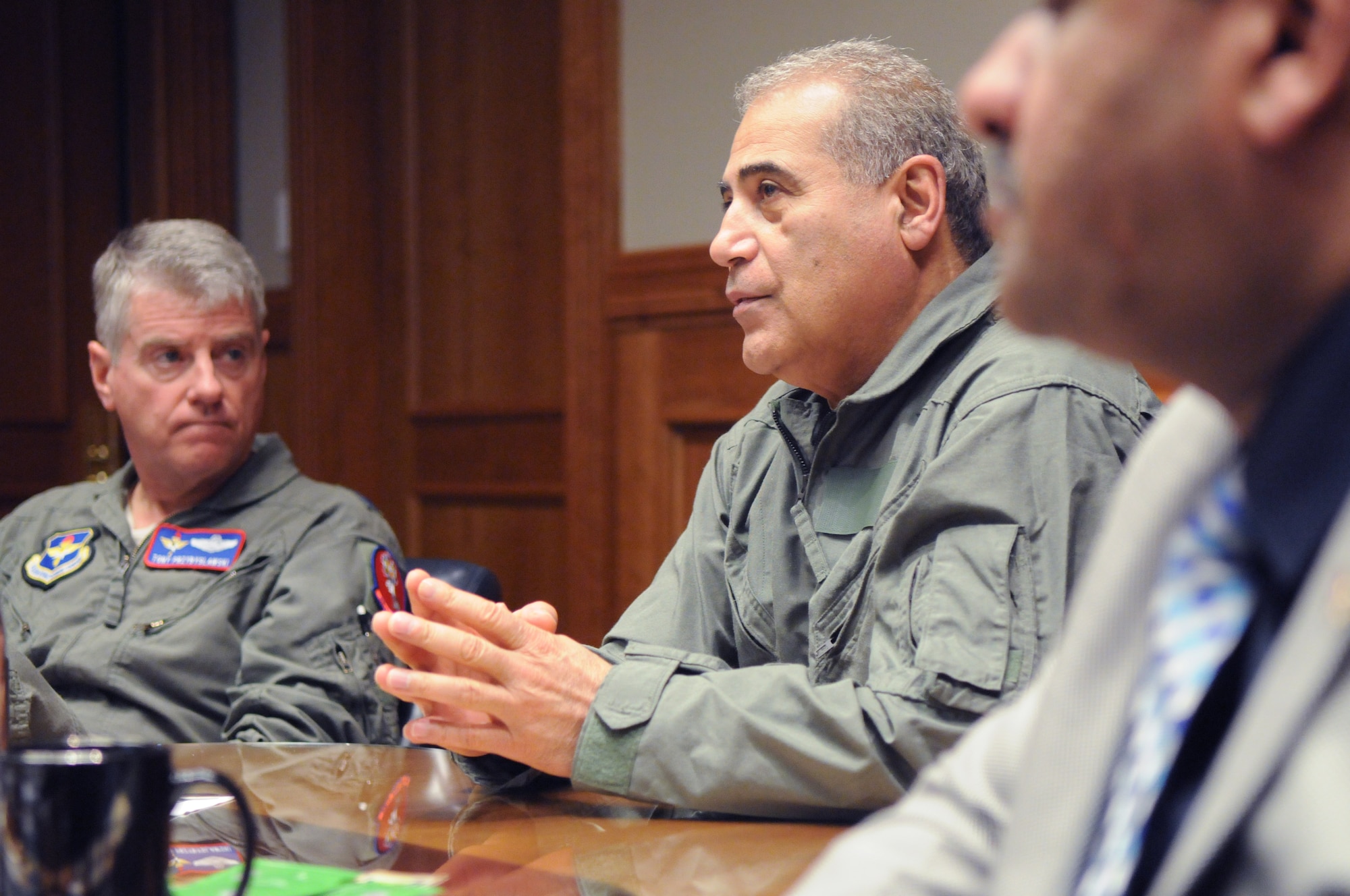 Iraqi General Nasier Arkan Al-Abadi (middle), Joint Forces Vice Chief of Staff, and Maj. Gen. Anthony Przybyslawski, AETC vice commander, discuss F-16 training during a meeting at Randolph AFB March 4.