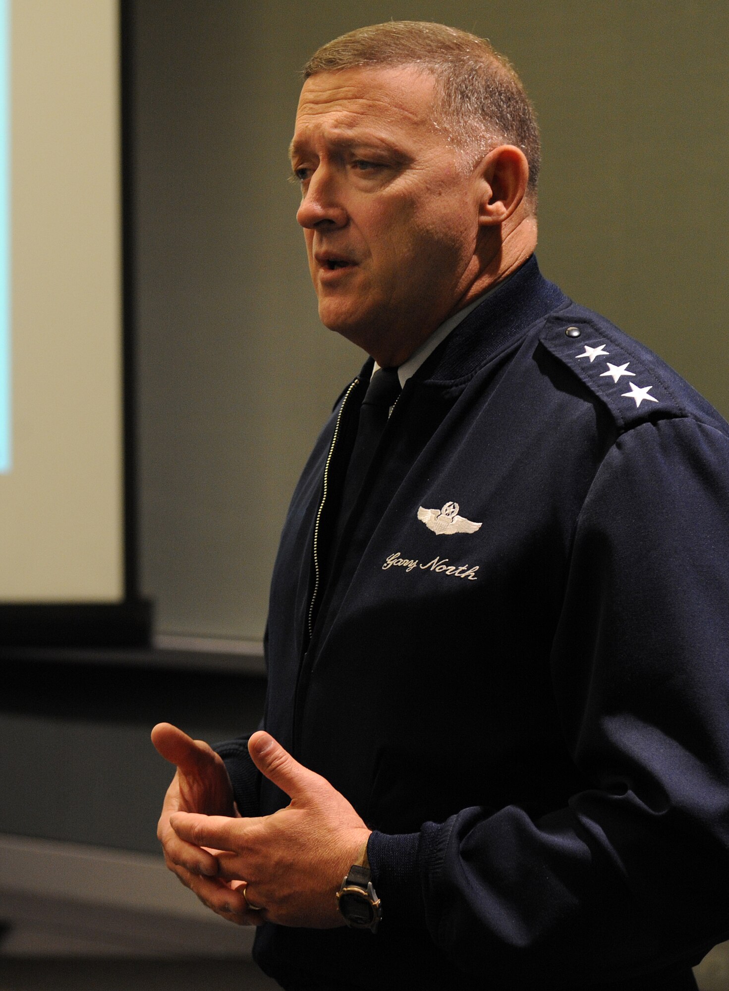 LANGLEY AIR FORCE BASE, Va. -- Lt. Gen. Gary North, 9th Air Force commander, gives a briefing during the 9th Air Force Total Force Conference March 5. General North was conducting the briefing on professional development and what it means. (U.S. Air Force photo/Airman 1st Class Zachary Wolf) 