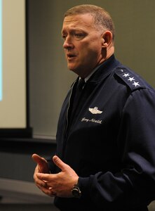 LANGLEY AIR FORCE BASE, Va. -- Lt. Gen. Gary North, 9th Air Force commander, gives a briefing during the 9th Air Force Total Force Conference March 5. General North was conducting the briefing on professional development and what it means. (U.S. Air Force photo/Airman 1st Class Zachary Wolf) 