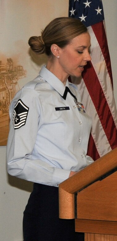 Master Sgt. Marian Smith of the 920th Mission Support Squadron served as the emcee at the 2009 Women's History Month Proclamation signing. (U.S. Air Force photo by John Connell)